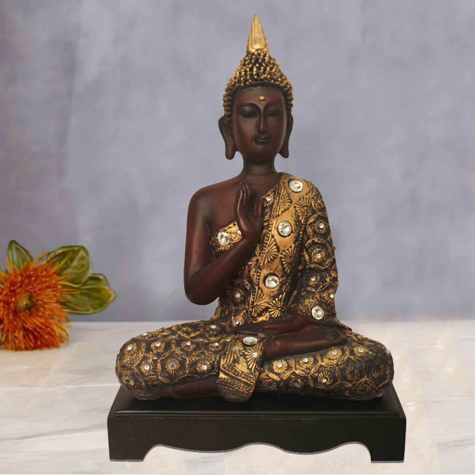 Meditating Sitting Gautam Buddha artifacts for office decor Jewellery Decorated with Wooden Base 41 cm G57GW1262AGNMZ