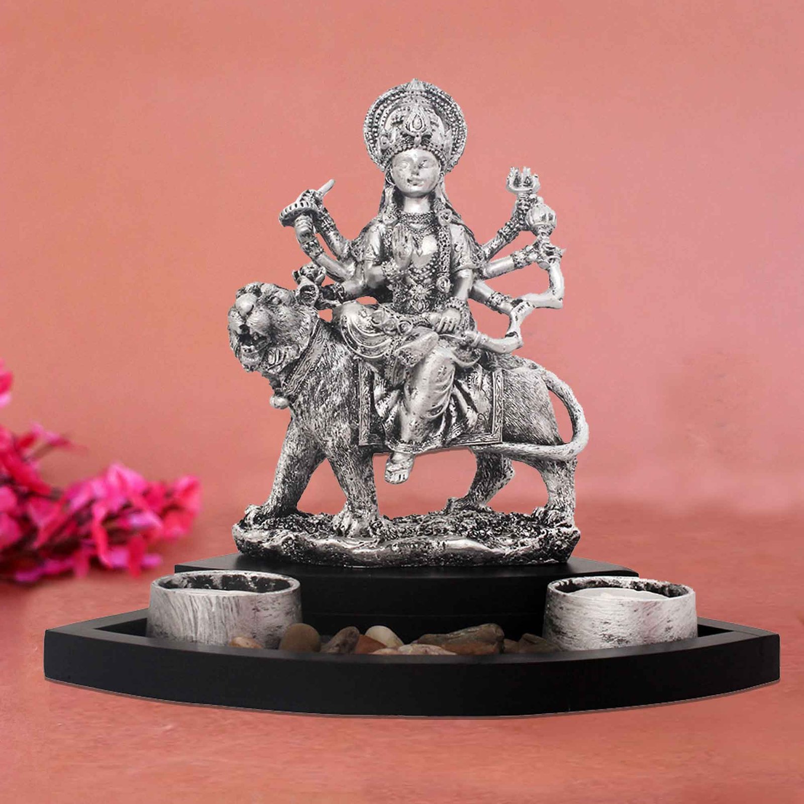 Durga Maa Candle Stand miniature decorative items Silver Antique Finish with Wooden Base 20 cm G57GW1264SSAMX