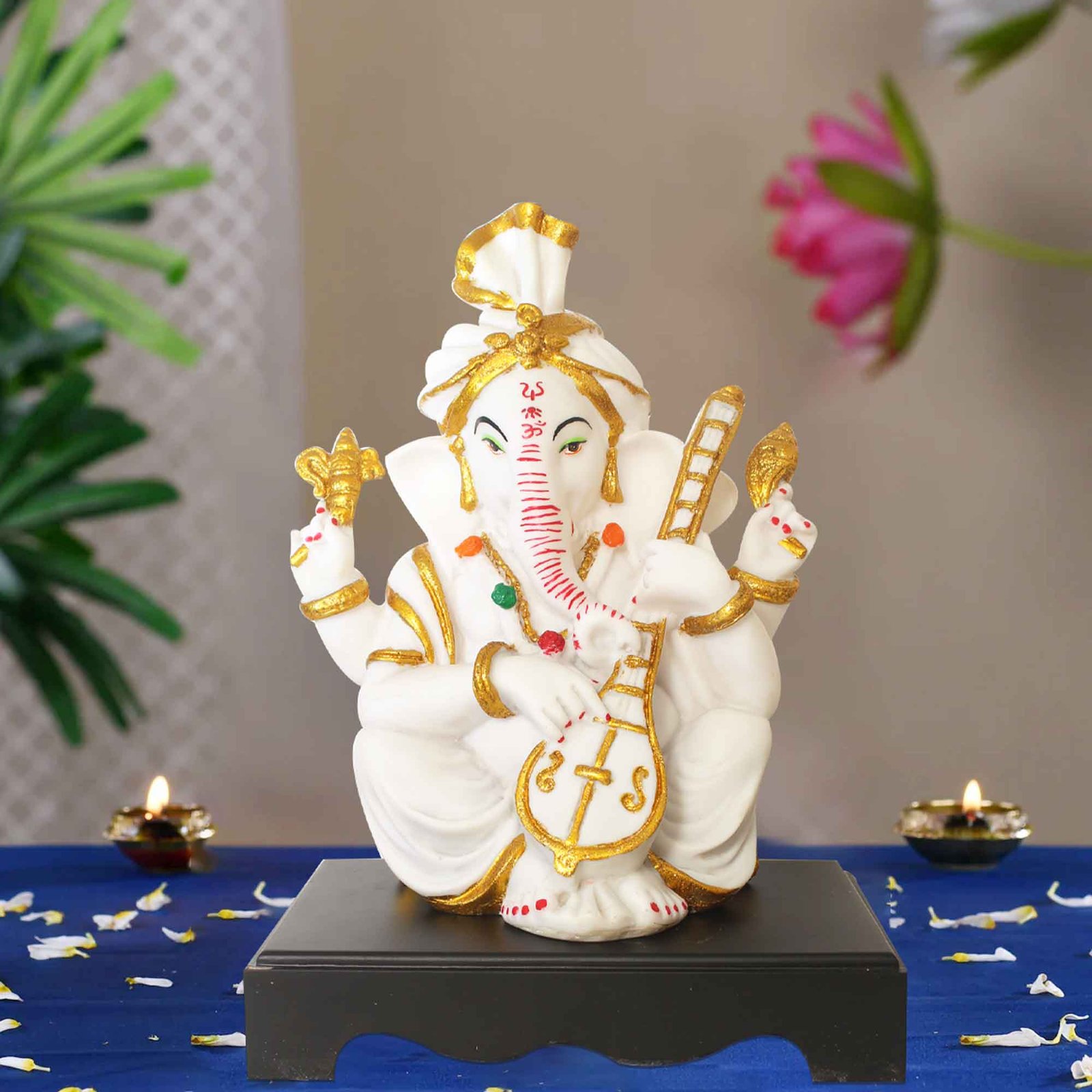 Musical Pagdi Ganesh figures for home decor Marble Look with Wooden Base 36 cm G57GW1268WGCMX