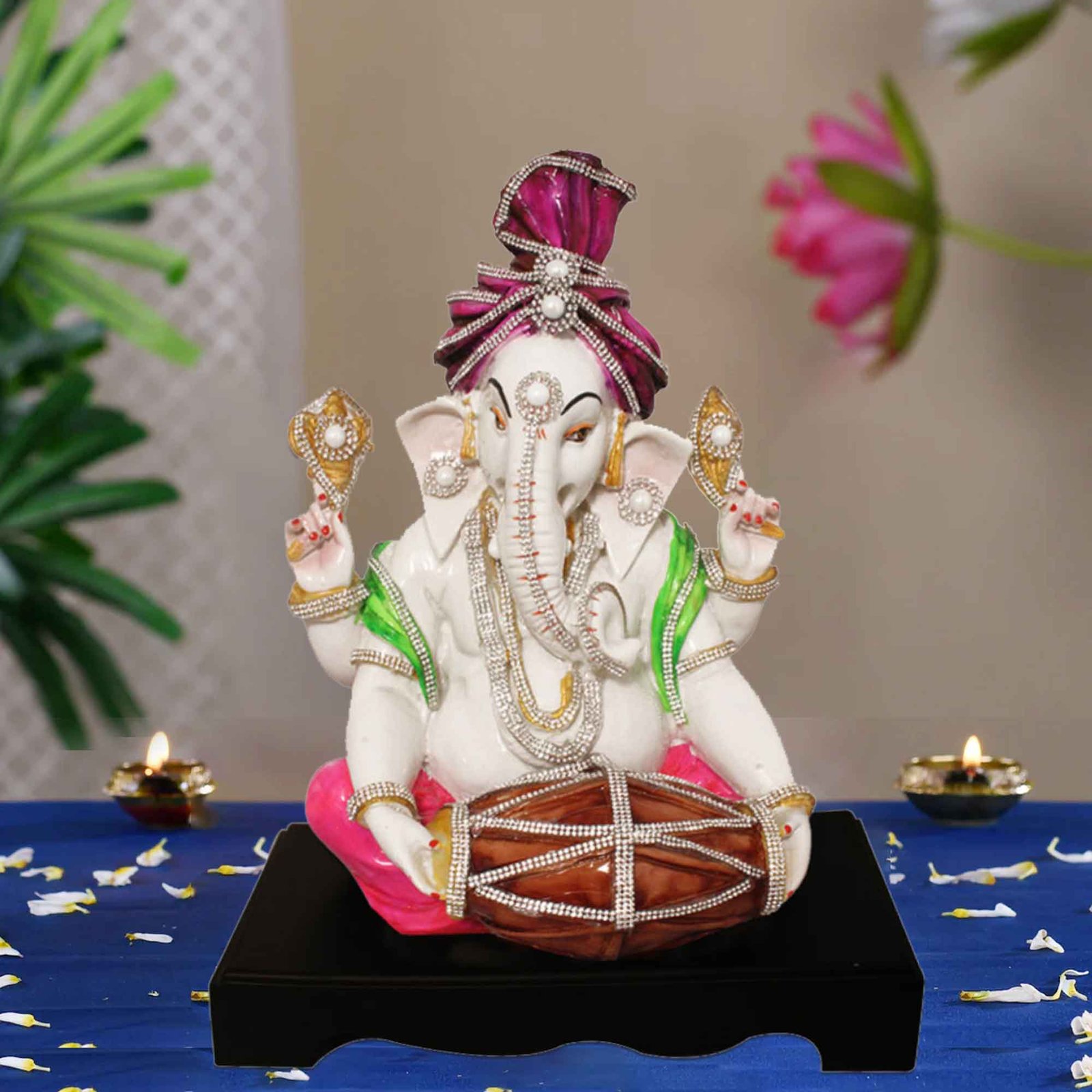 Dholak Ganesha idols for living room decoration Jewellery Decorated with Wooden Base 36 cm G57GW1270WMCGZ