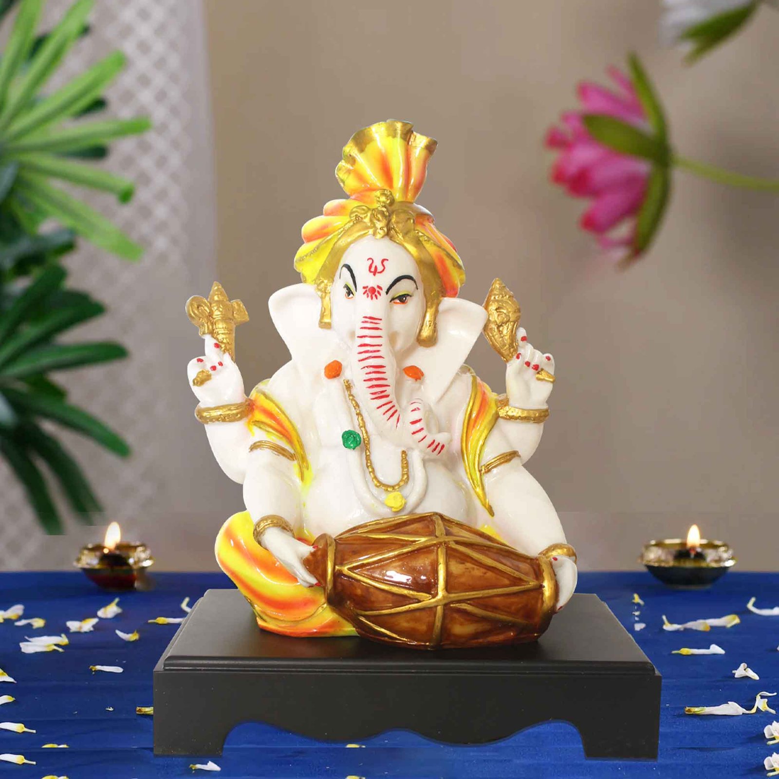 Dholak Ganesha idols for gift Marble Look with Wooden Base 36 cm G57GW1270WYCGX