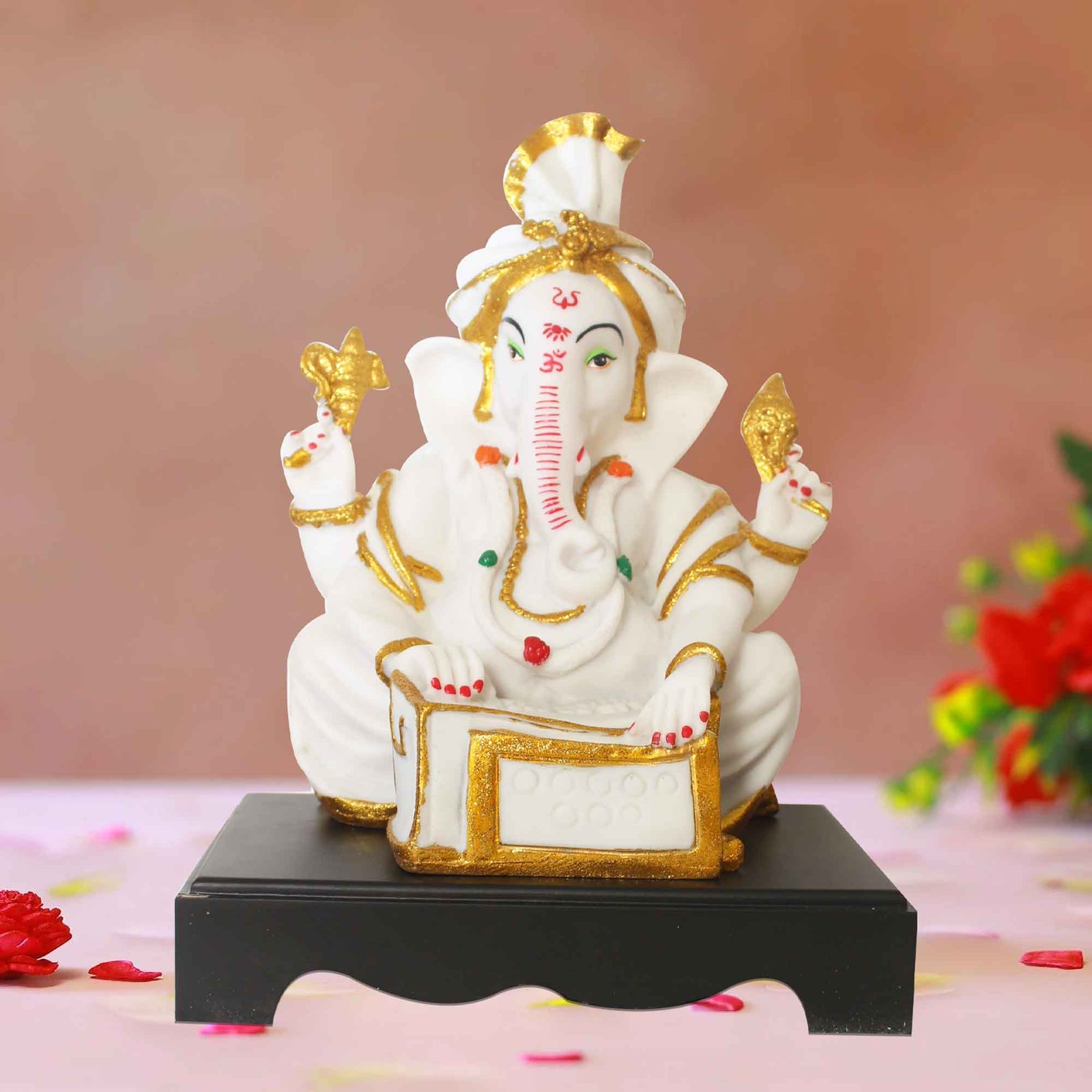 Harmonium Ganesha sculpture for tv unit Marble Look with Wooden Base 36 cm G57GW1271WGCMX