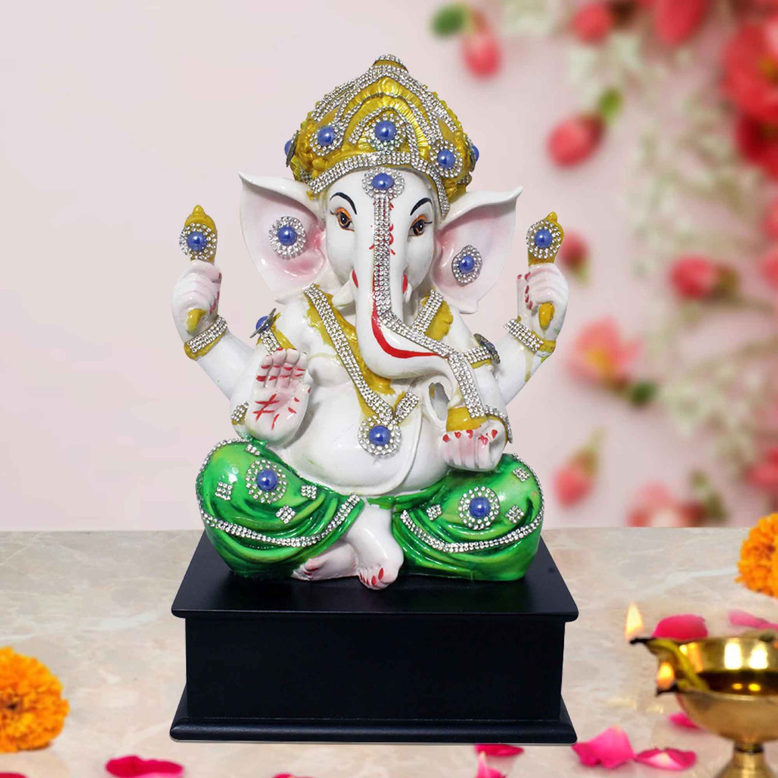 Divine Ganesha idols for gift Jewellery Decorated with Wooden Base 30 cm G57GW1275WHLGZ