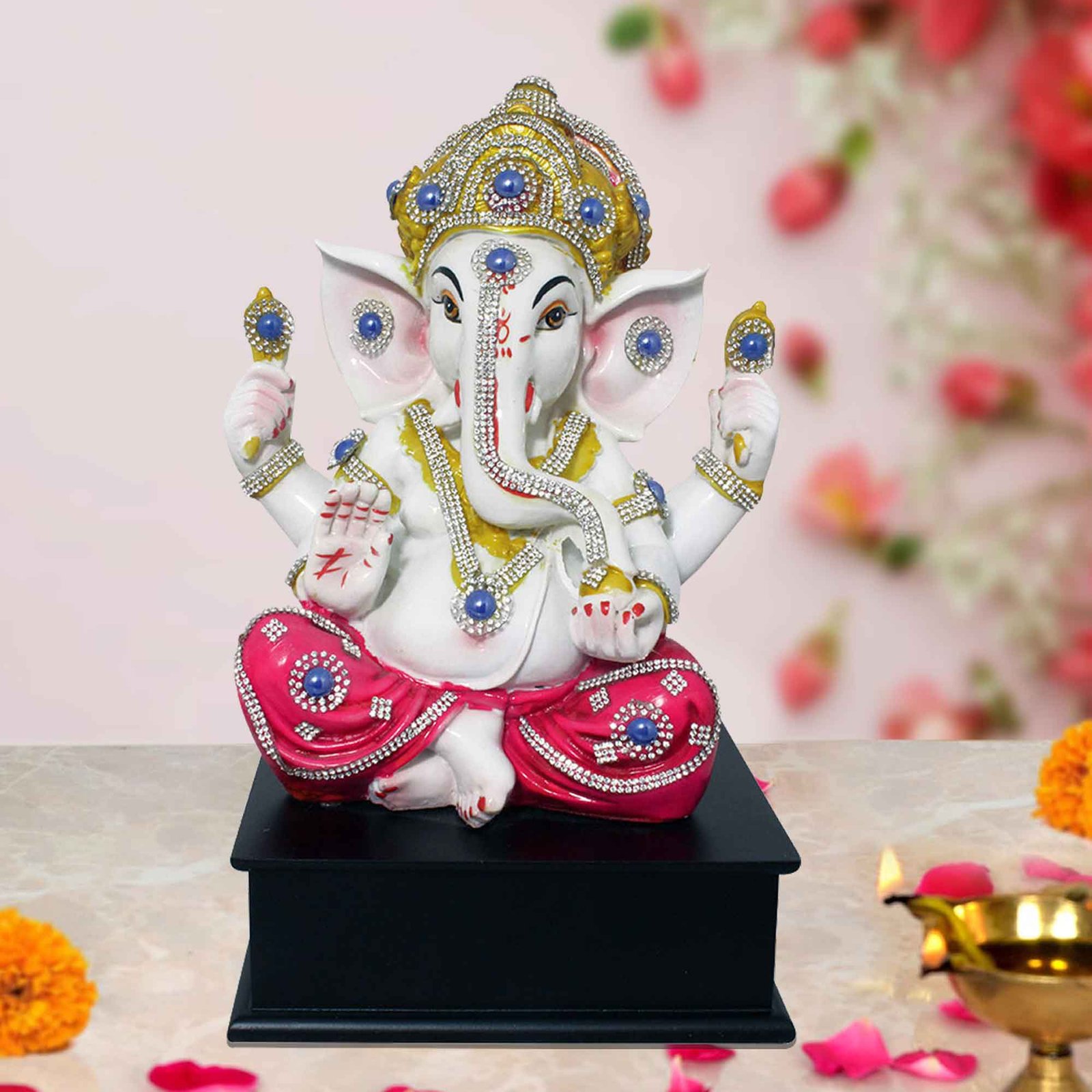 Divine Ganesha idols for home decoration Jewellery Decorated with Wooden Base 30 cm G57GW1275WPLGZ