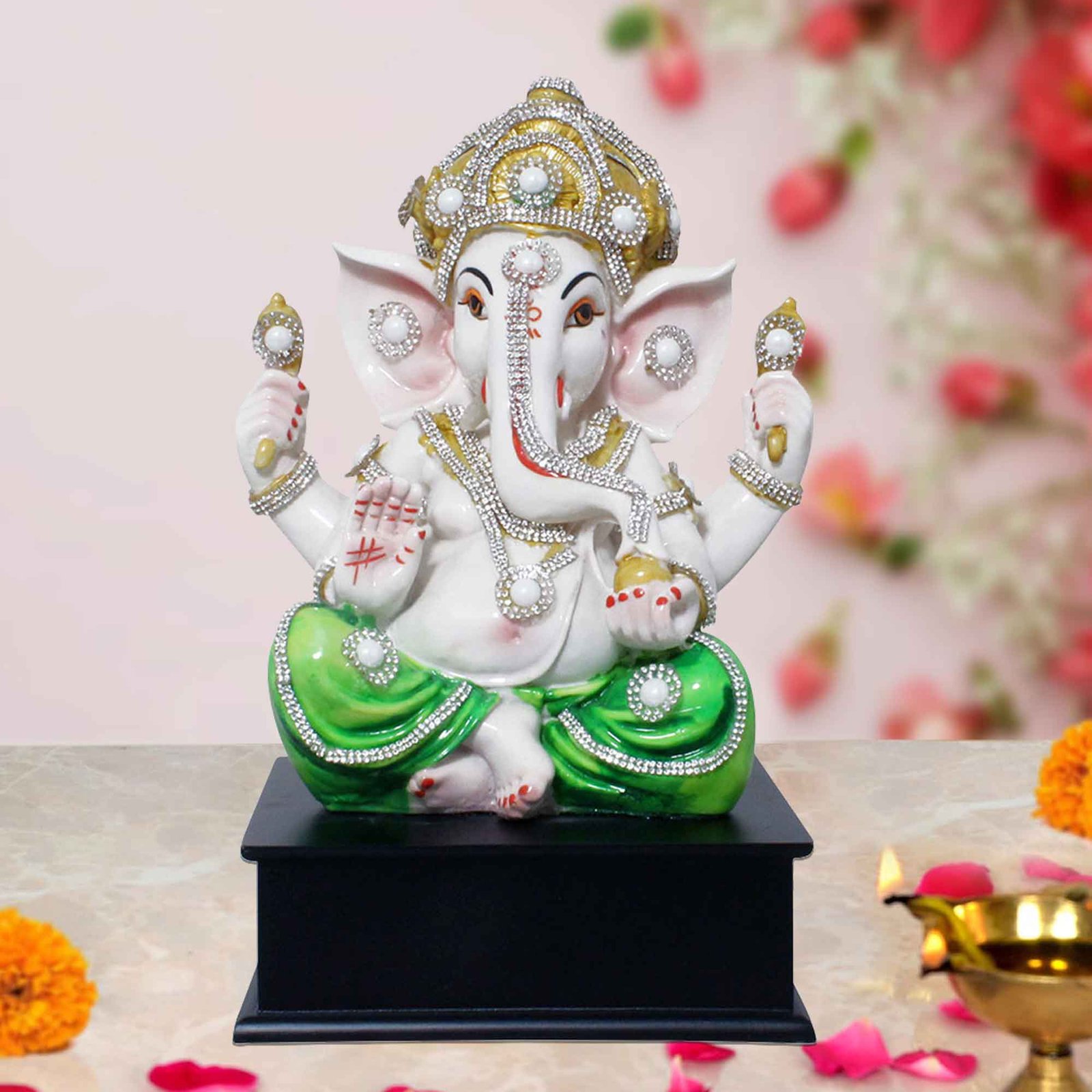 Divine Ganesha idols for pooja room Jewellery Decorated with Wooden Base 30 cm G57GW1275WULGZ
