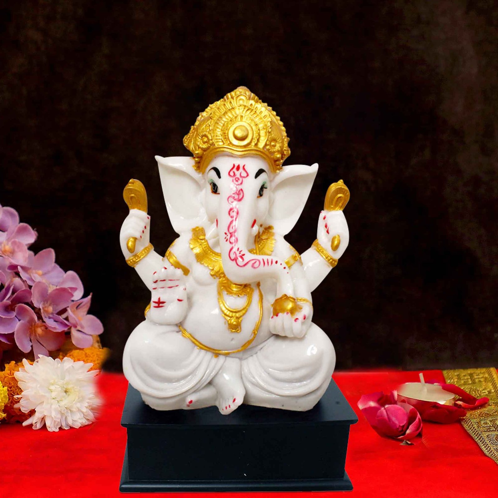 Divine Ganesha sculpture for tv unit Marble Look with Wooden Base 30 cm G57GW1275WWCGX