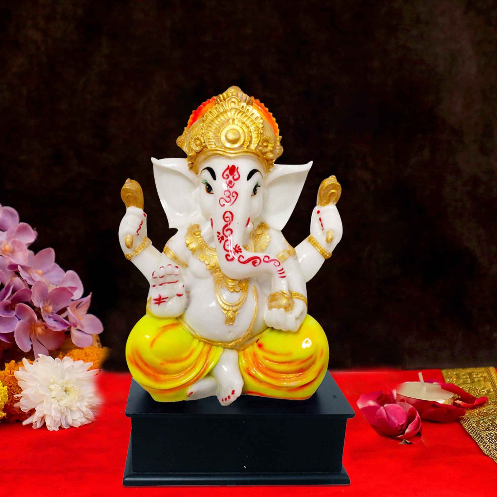Divine Ganesha sculpture for home decoration Marble Look with Wooden Base 30 cm G57GW1275WYCGX