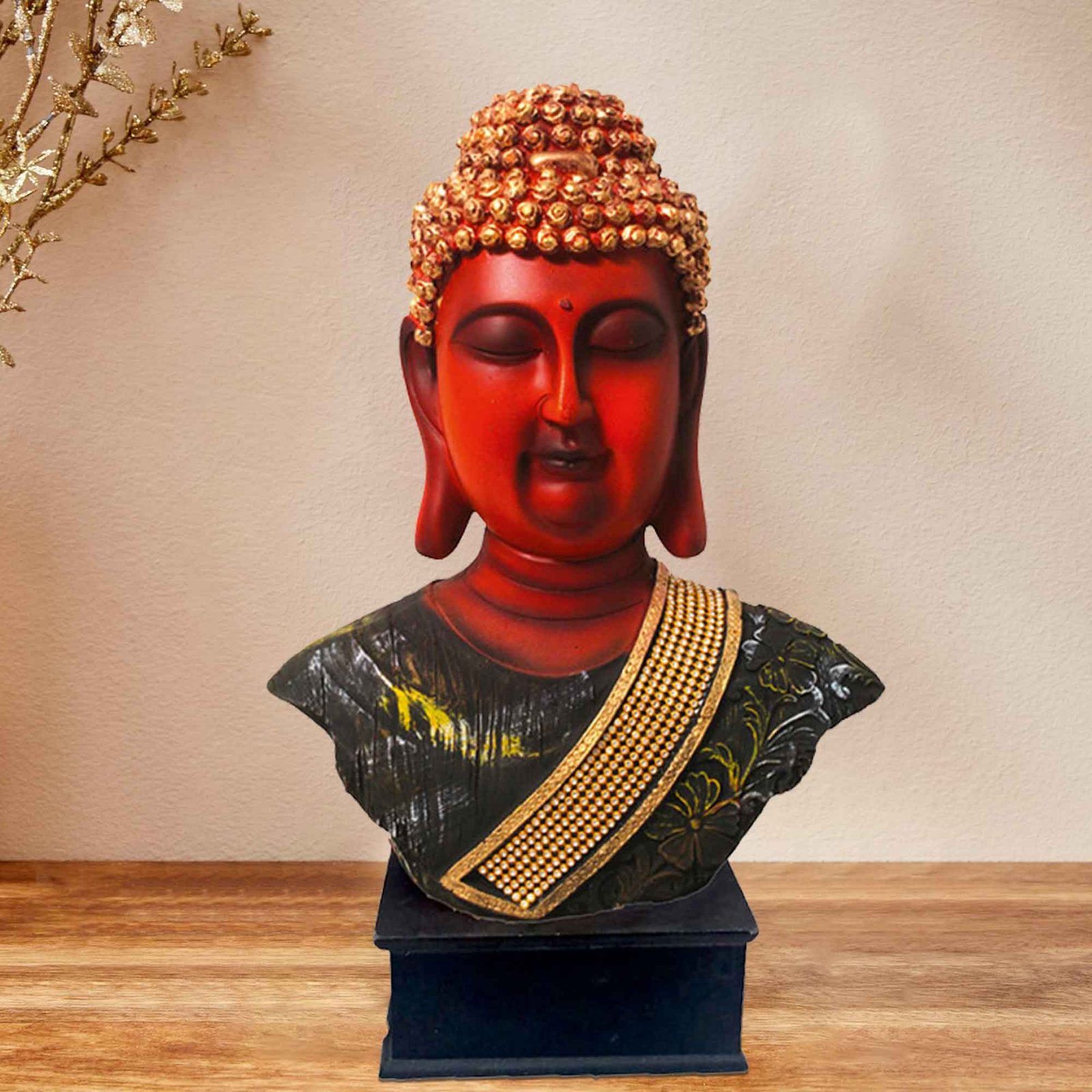 Buddha Bust murti for gift Jewellery Decorated with Wooden Base 36 cm G57GW1276AHMMZ
