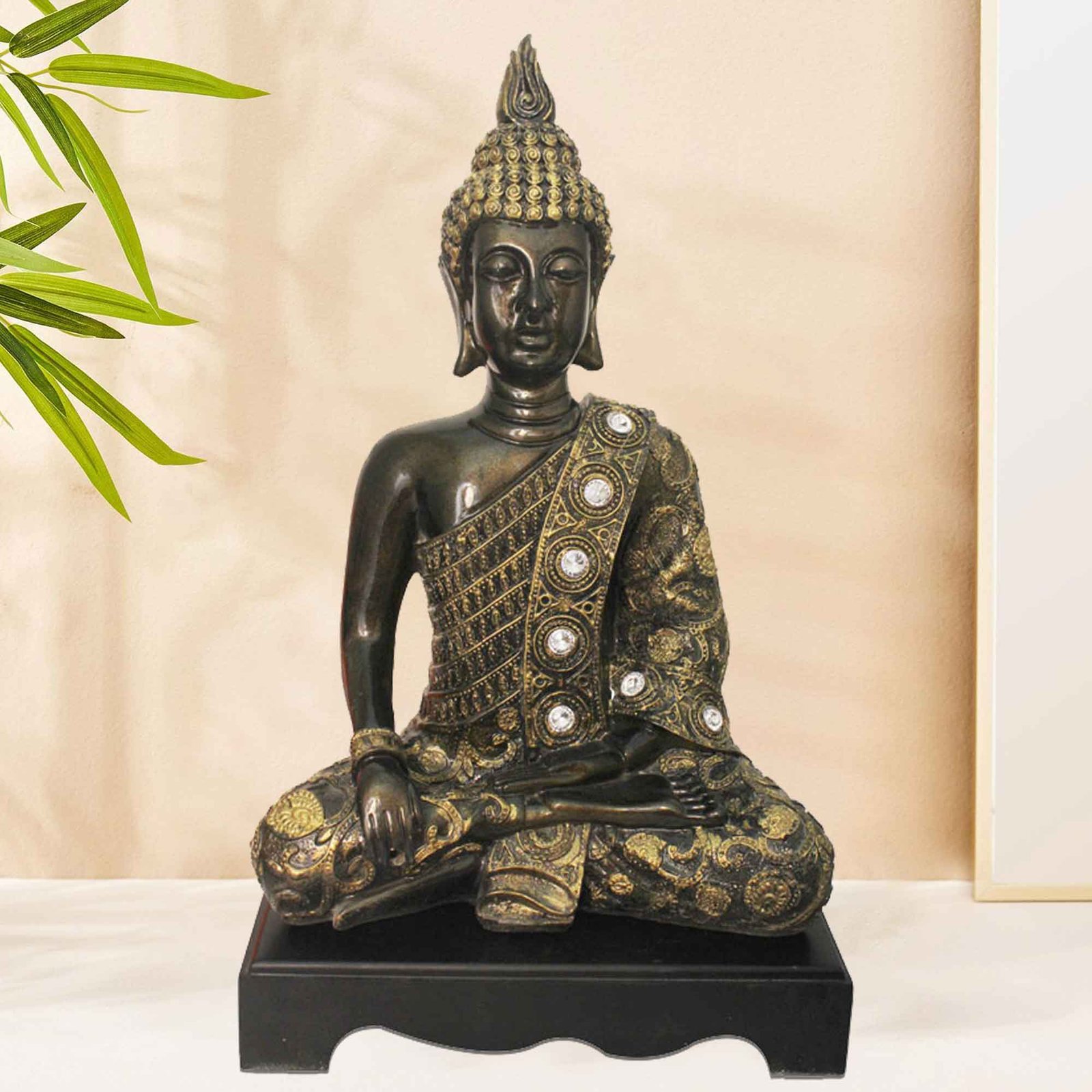Samadhi Buddha gift items for home decor Brass Antique Finish with Wooden Base 43 cm G57GW1285BBAGZ