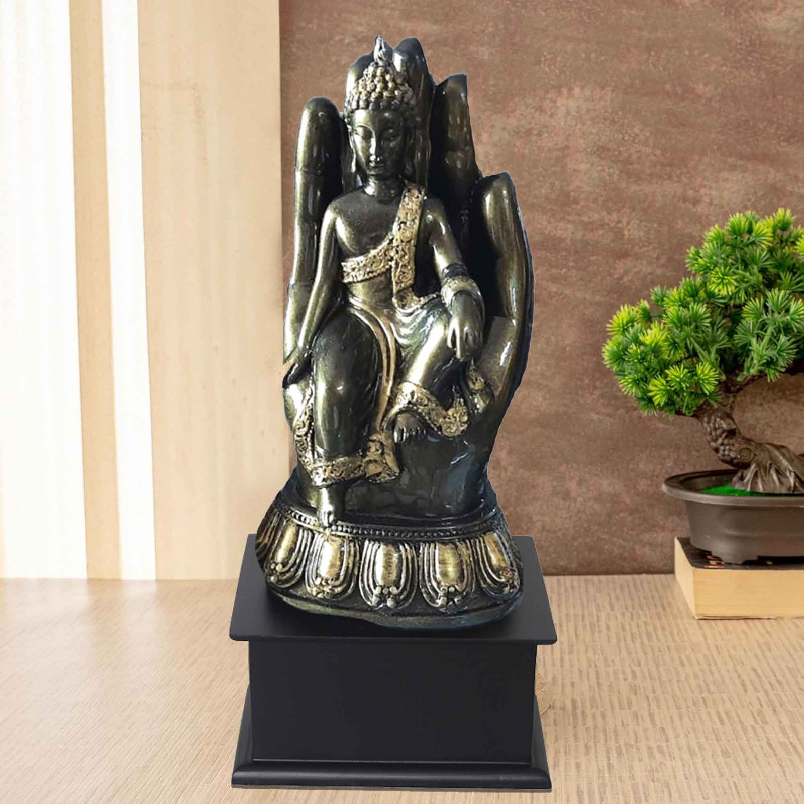 Palm Gautam Buddha figures for gift Brass Antique Finish with Wooden Base 27 cm G57GW1305BBAGX