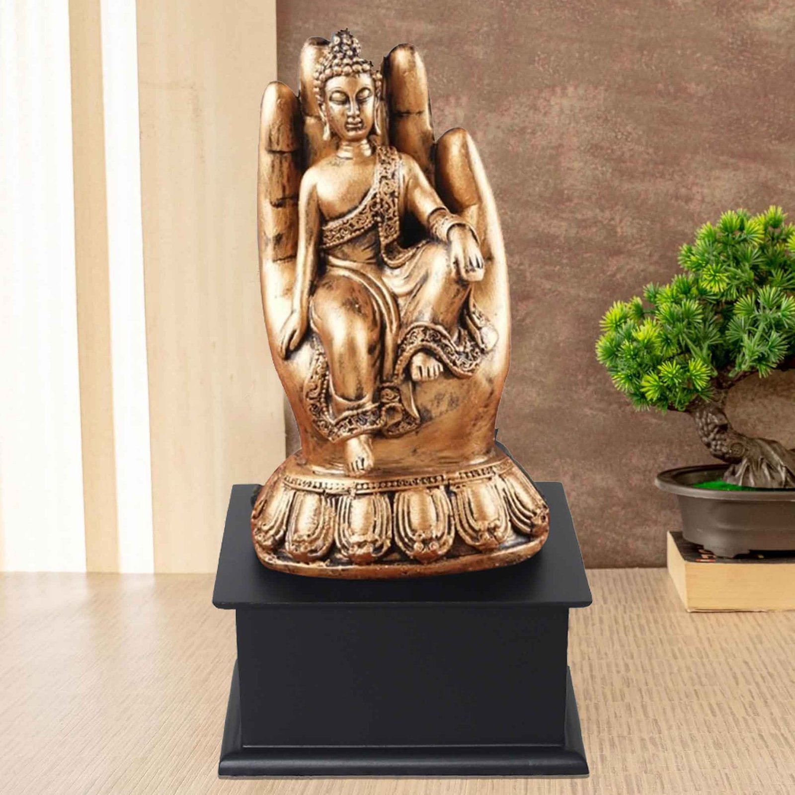 Palm Gautam Buddha figurine for living room decoration Gloss Finish with Wooden Base 27 cm G57GW1305GGNGX