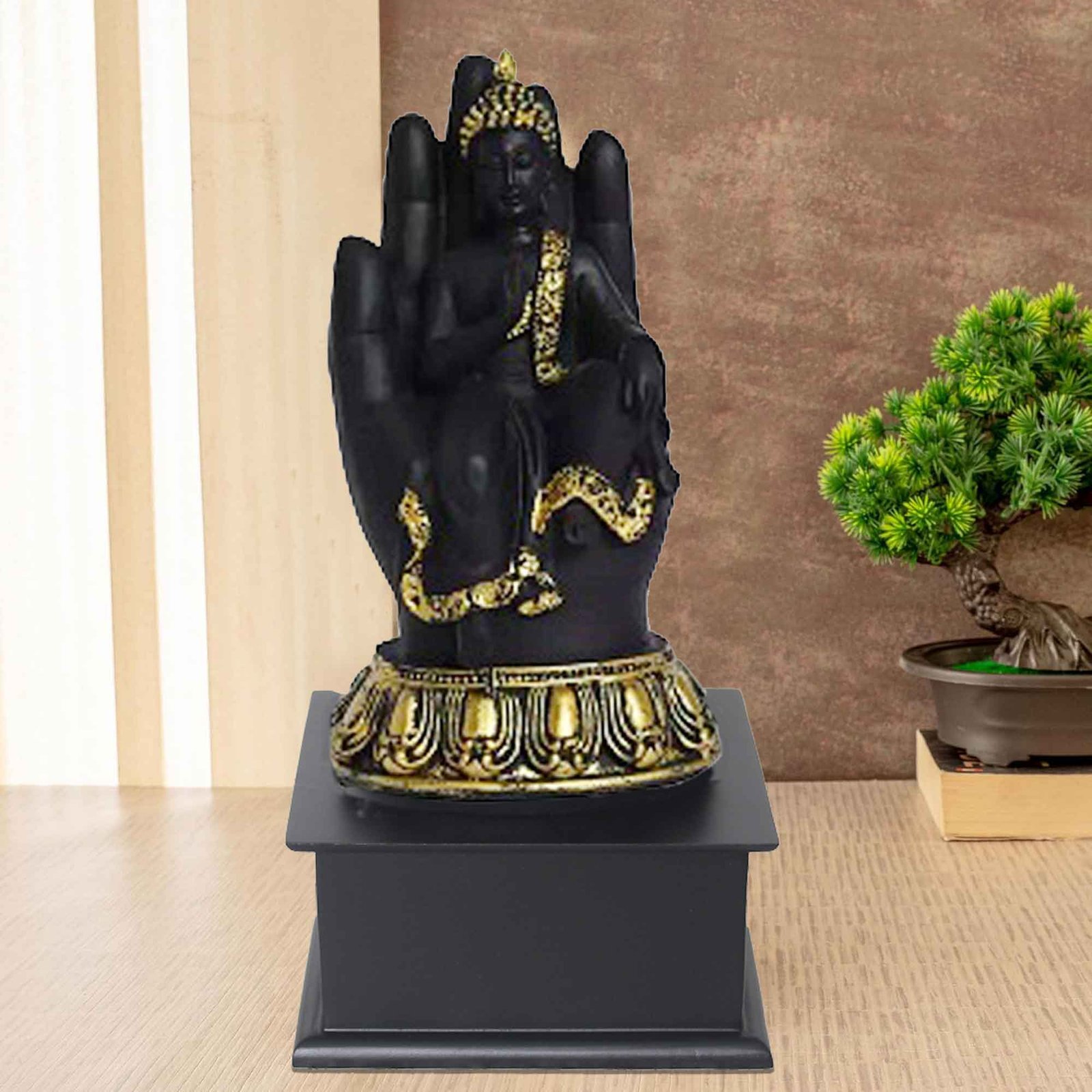 Palm Gautam Buddha figures for home decor Matte Finish with Wooden Base 27 cm G57GW1305KBNMX