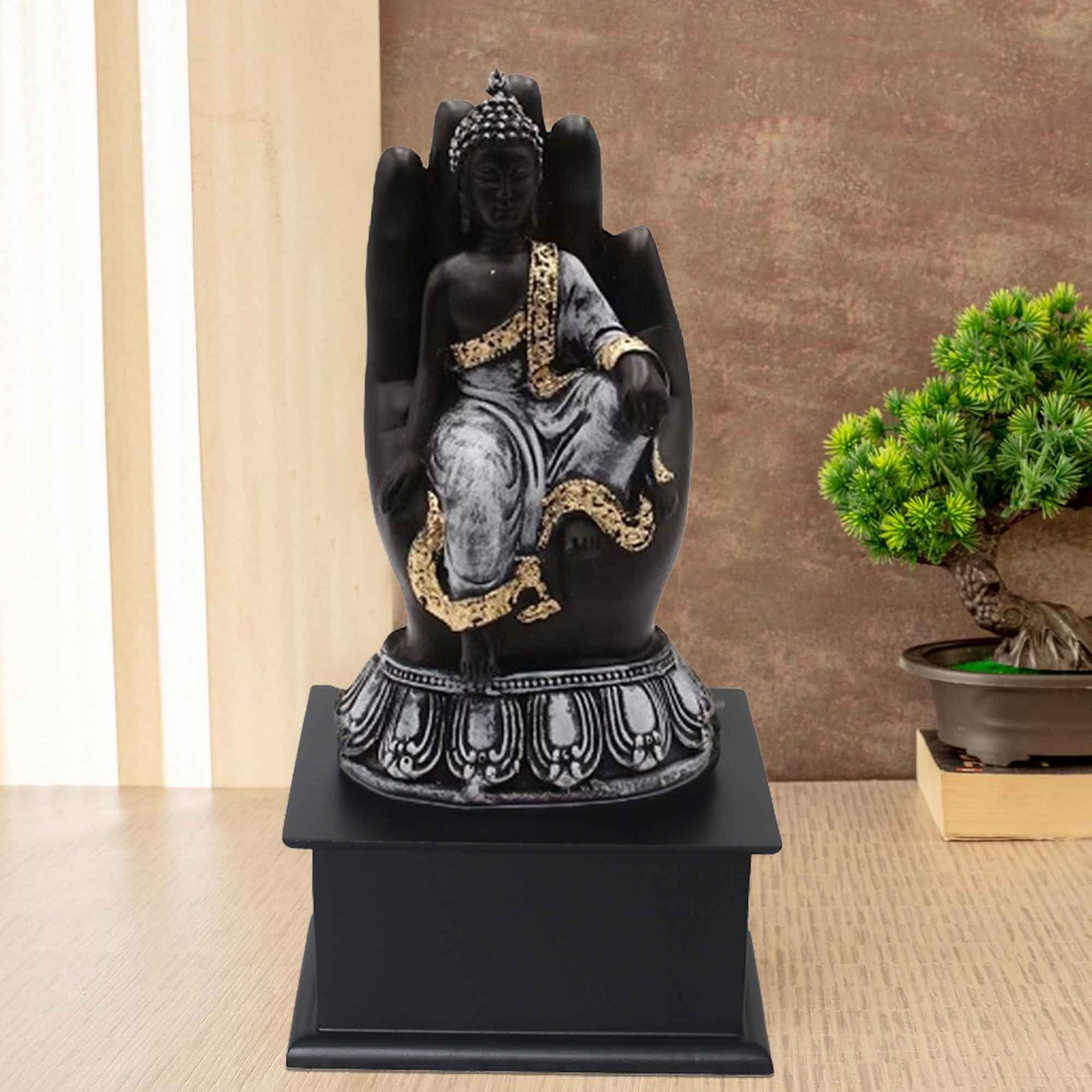 Palm Gautam Buddha murti for gift Matte Finish with Wooden Base 27 cm G57GW1305KFNMX
