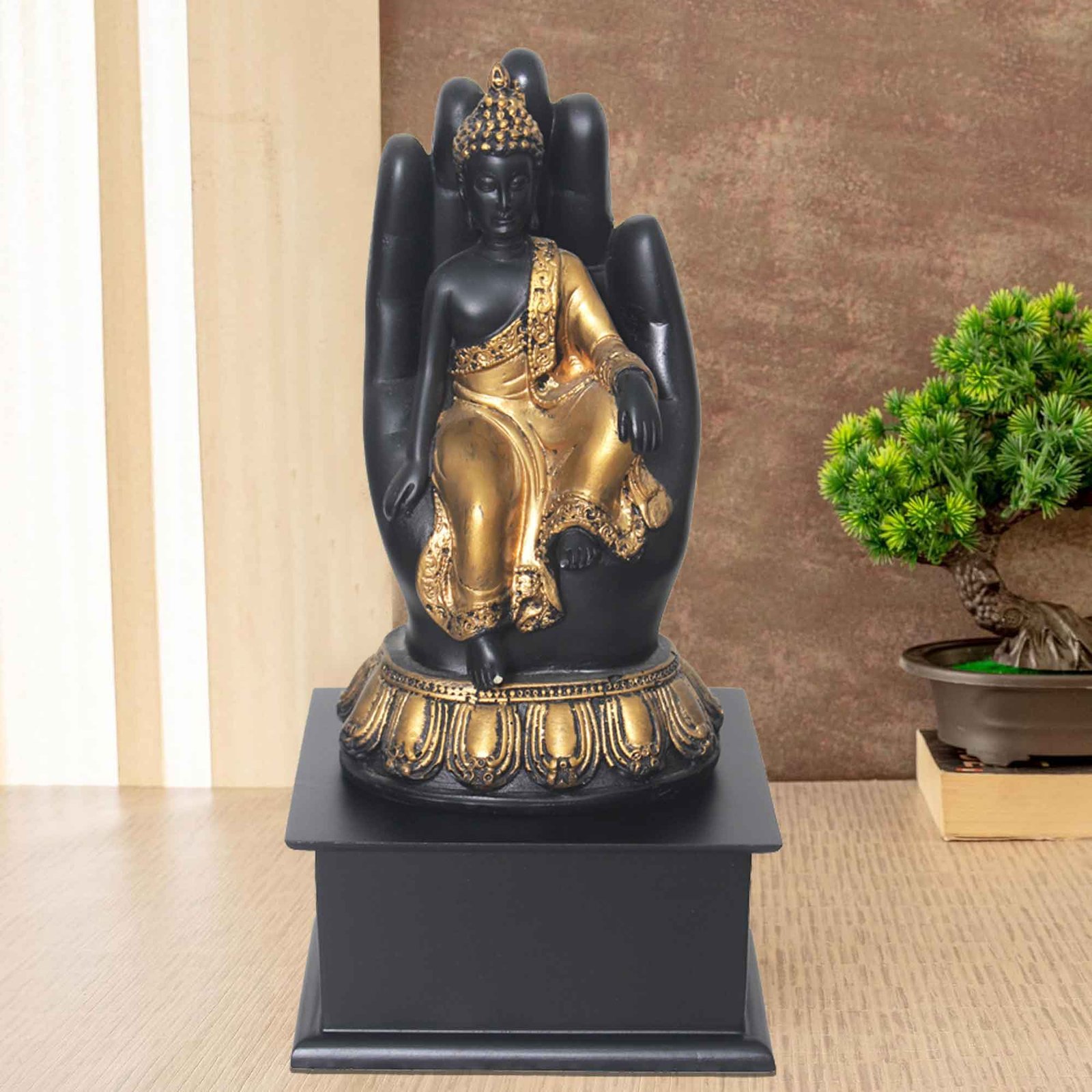 Palm Gautam Buddha figures for decoration Matte Finish with Wooden Base 27 cm G57GW1305KGNMX