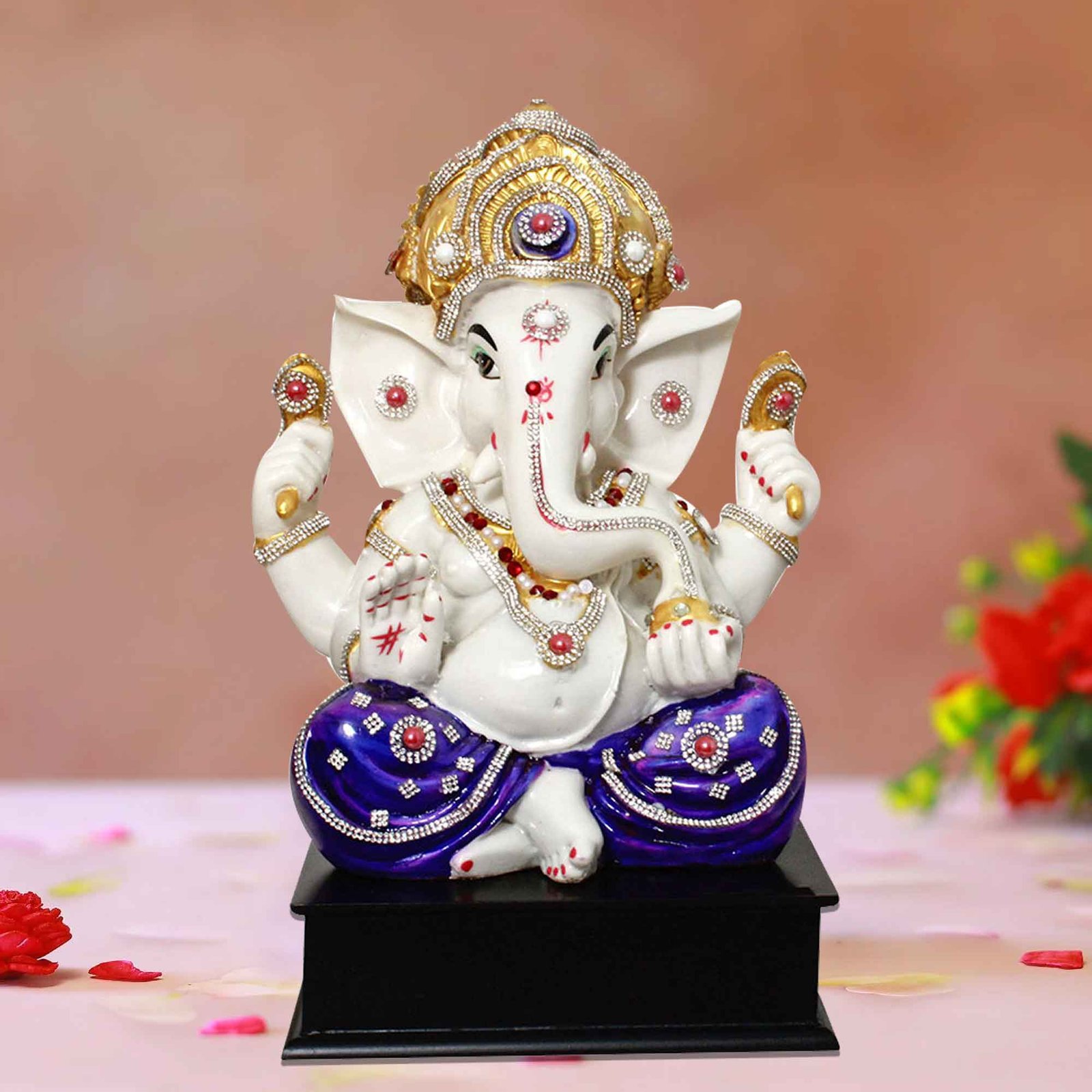 Blessing Ganpati artifacts for home decor Jewellery Decorated with Wooden Base 37 cm G57GW1324WNLGZ