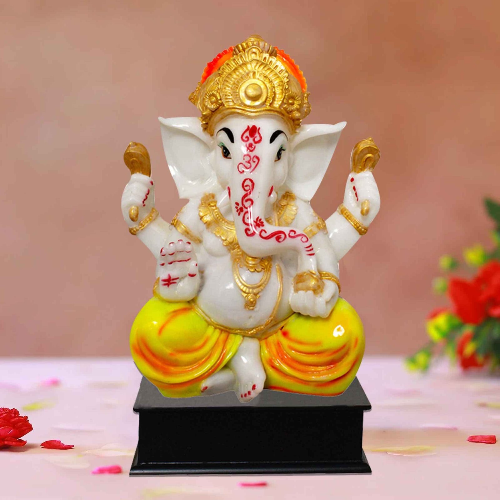 Blessing Ganpati murti for gift Marble Look with Wooden Base 37 cm G57GW1324WYCGX