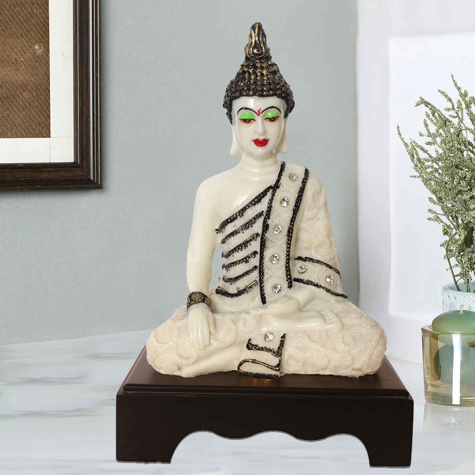 Meditating Gautam Buddha murti for living room Jewellery Decorated with Wooden Base 28 cm G57GW1384WBCGZ