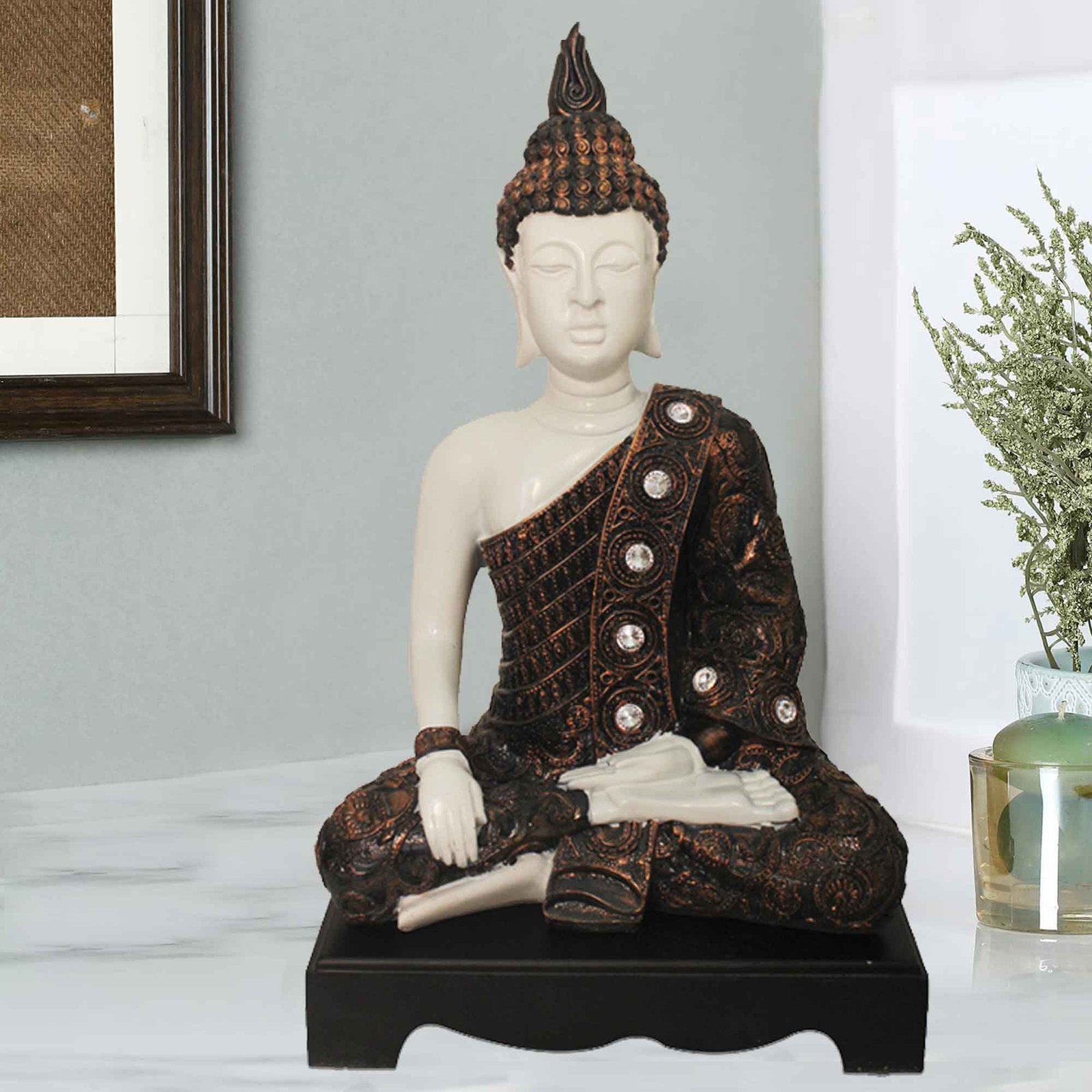 Meditating Gautam Buddha artifacts for office decor Jewellery Decorated with Wooden Base 29 cm G57GW1384WCNGZ
