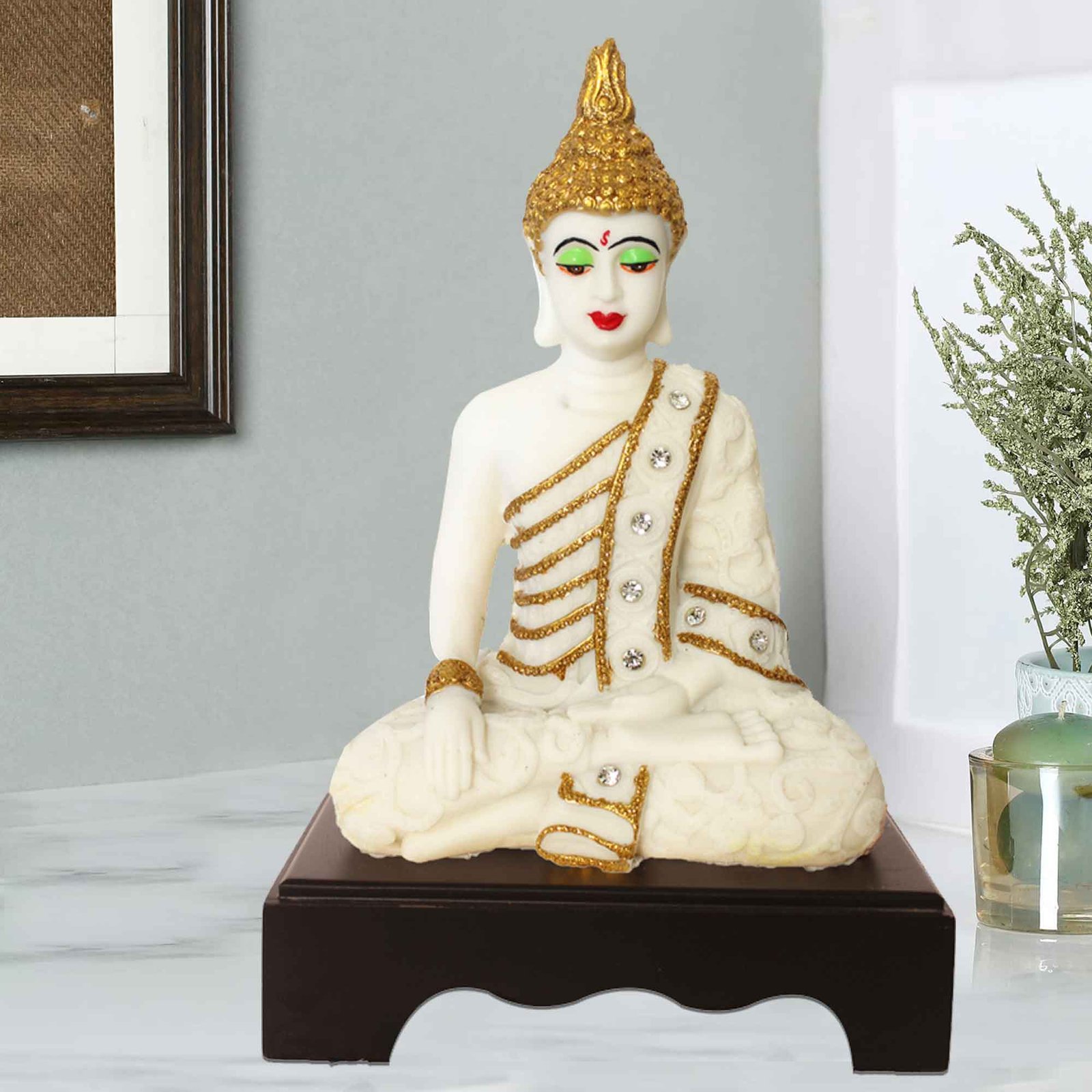 Meditating Gautam Buddha murti for gift Jewellery Decorated with Wooden Base 28 cm G57GW1384WGCMZ