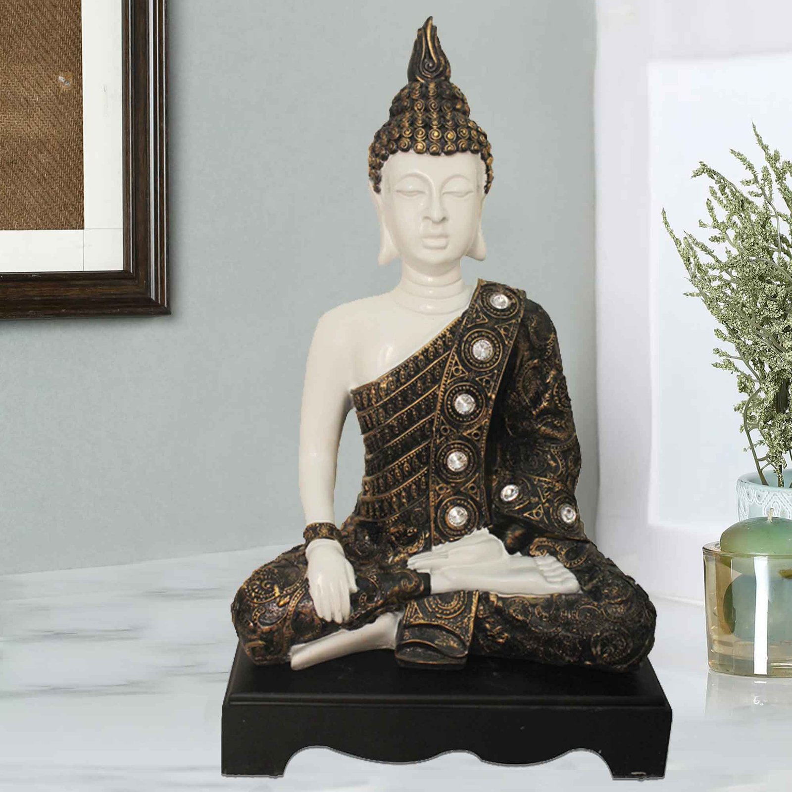 Meditating Gautam Buddha artifacts for gifts Jewellery Decorated with Wooden Base 29 cm G57GW1384WGNGZ