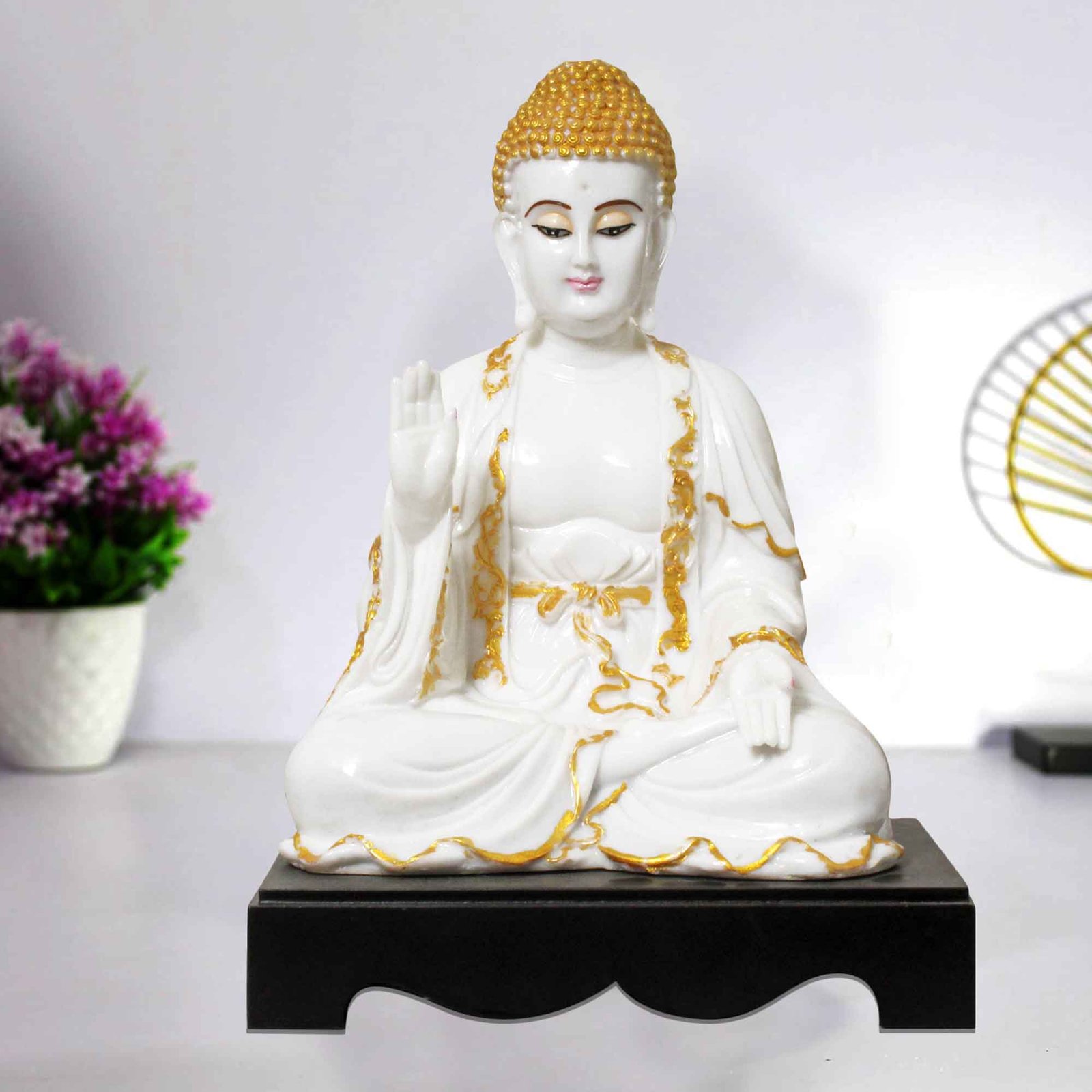 Lord Samadhi Buddha statue for home decoration Marble Look with Wooden Base 33 cm G57GW1411WGCGX