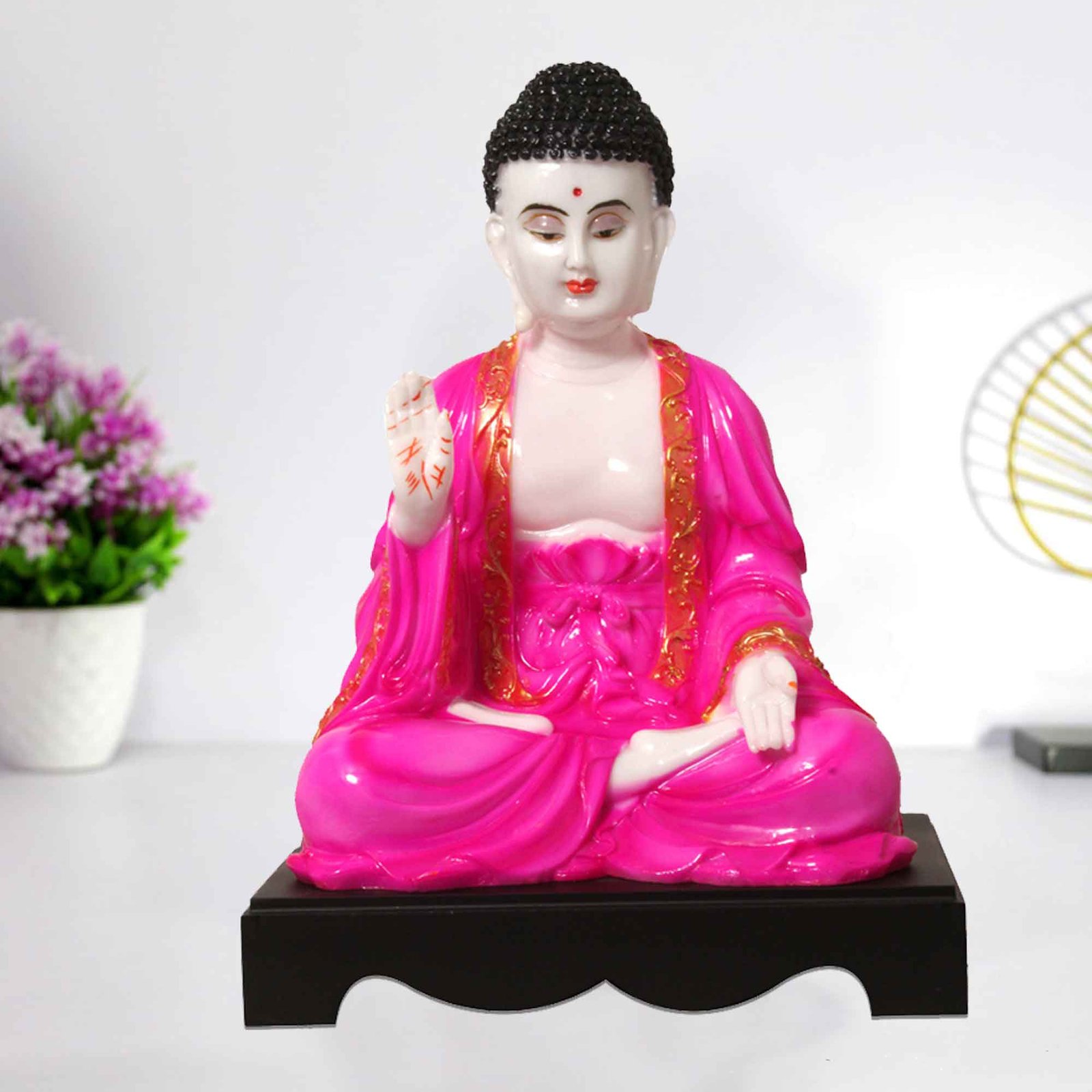 Lord Samadhi Buddha statue for living room Marble Look with Wooden Base 33 cm G57GW1411WPCGX