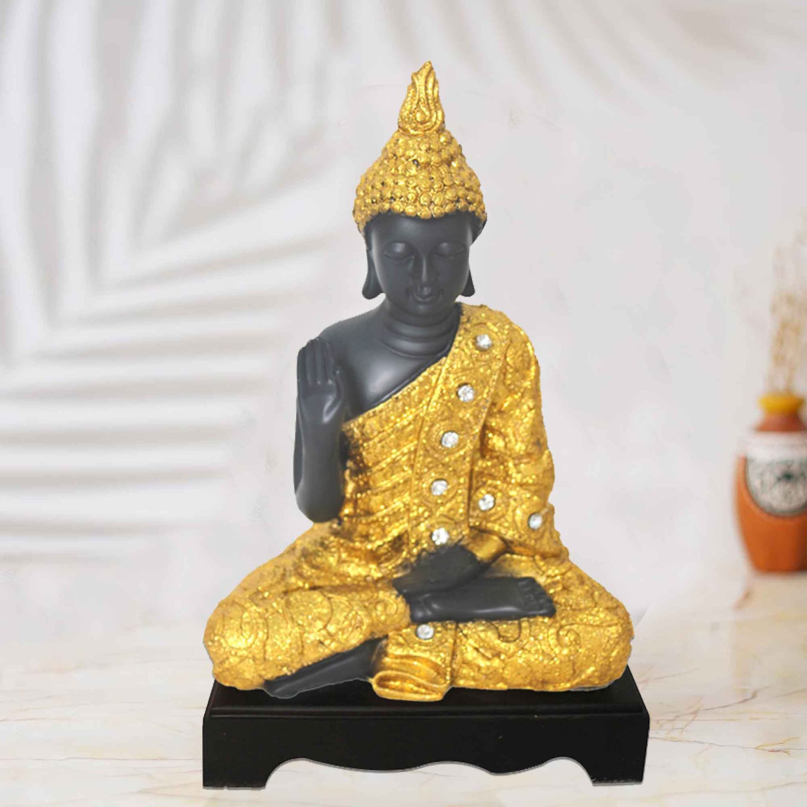 Dhyan Buddha sculpture for tv unit Jewellery Decorated with Wooden Base 28 cm G57GW1420KGGMZ