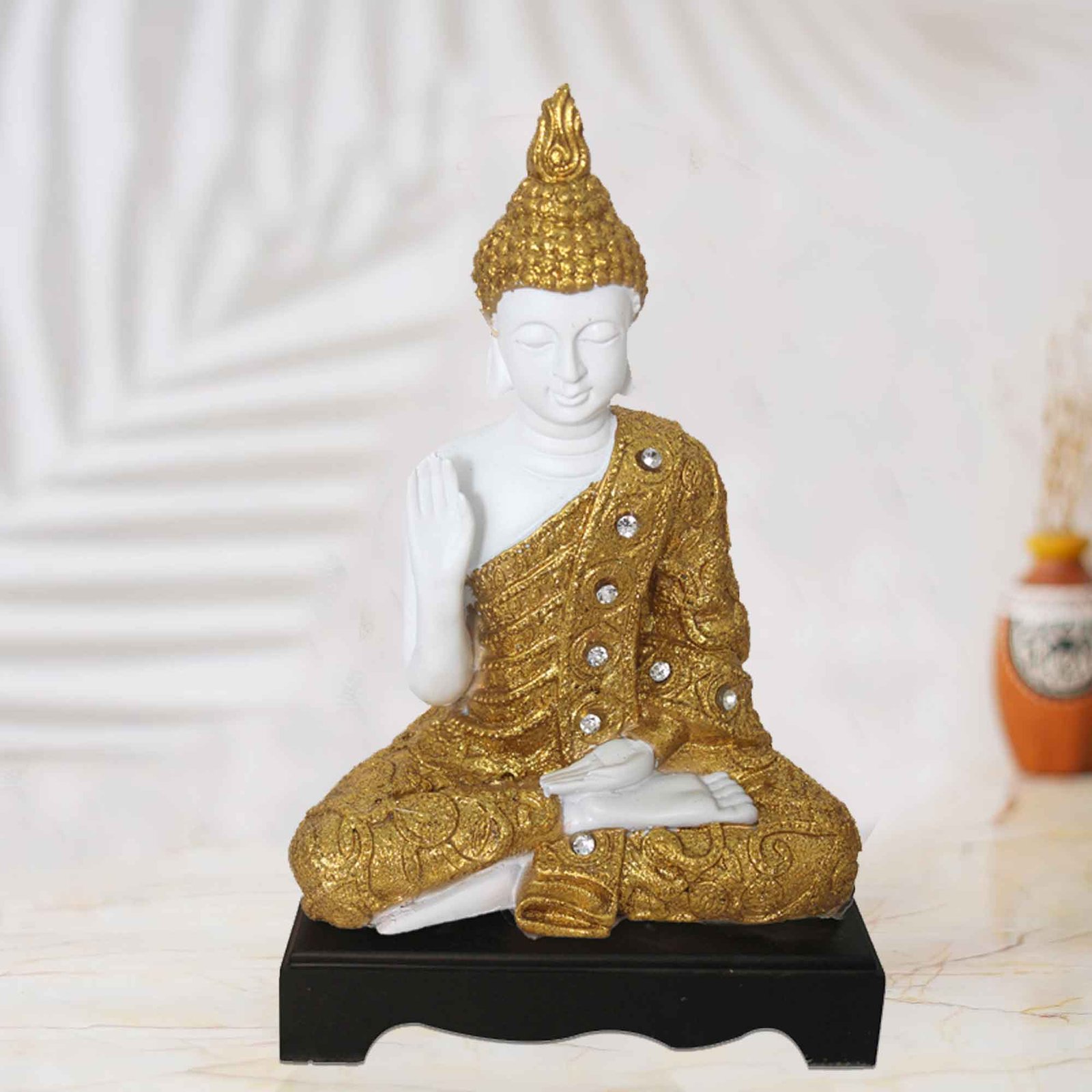 Dhyan Buddha sculpture for home decoration Jewellery Decorated with Wooden Base 28 cm G57GW1420WGGGZ