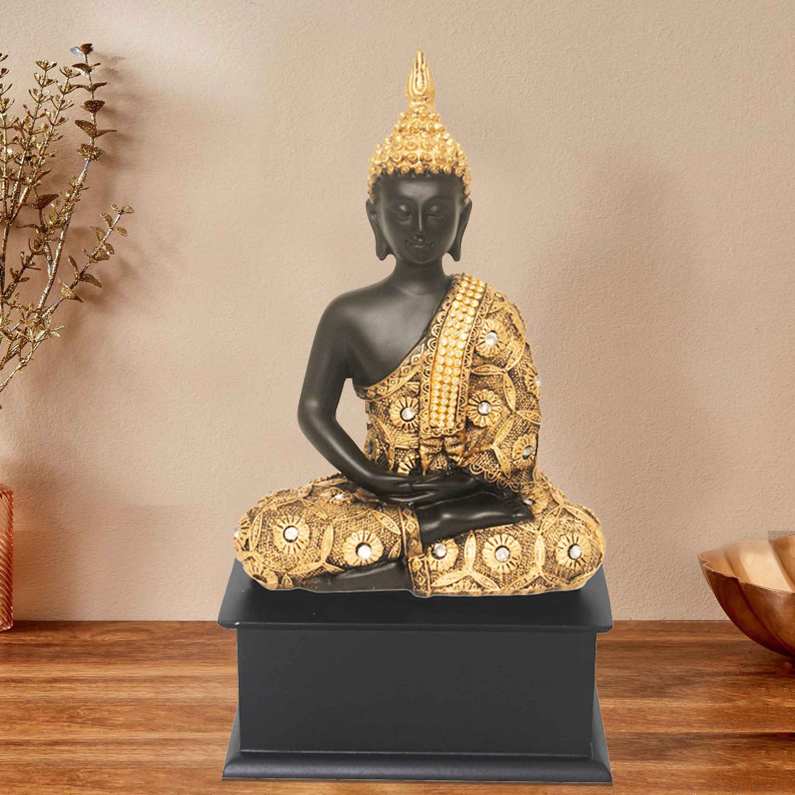 Handicraft Meditating Gautam Buddha statue for living room Jewellery Decorated with Wooden Base 27 cm G57GW1472KGNMZ