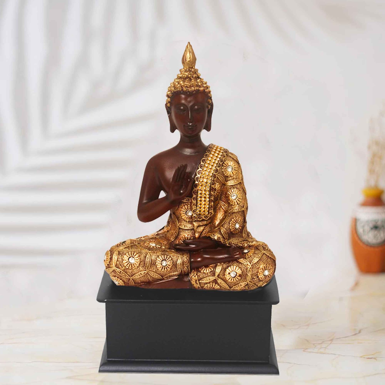 Meditating Lord Buddha showpiece for tv unit Jewellery Decorated with Wooden Base 28 cm G57GW1474AGNMZ
