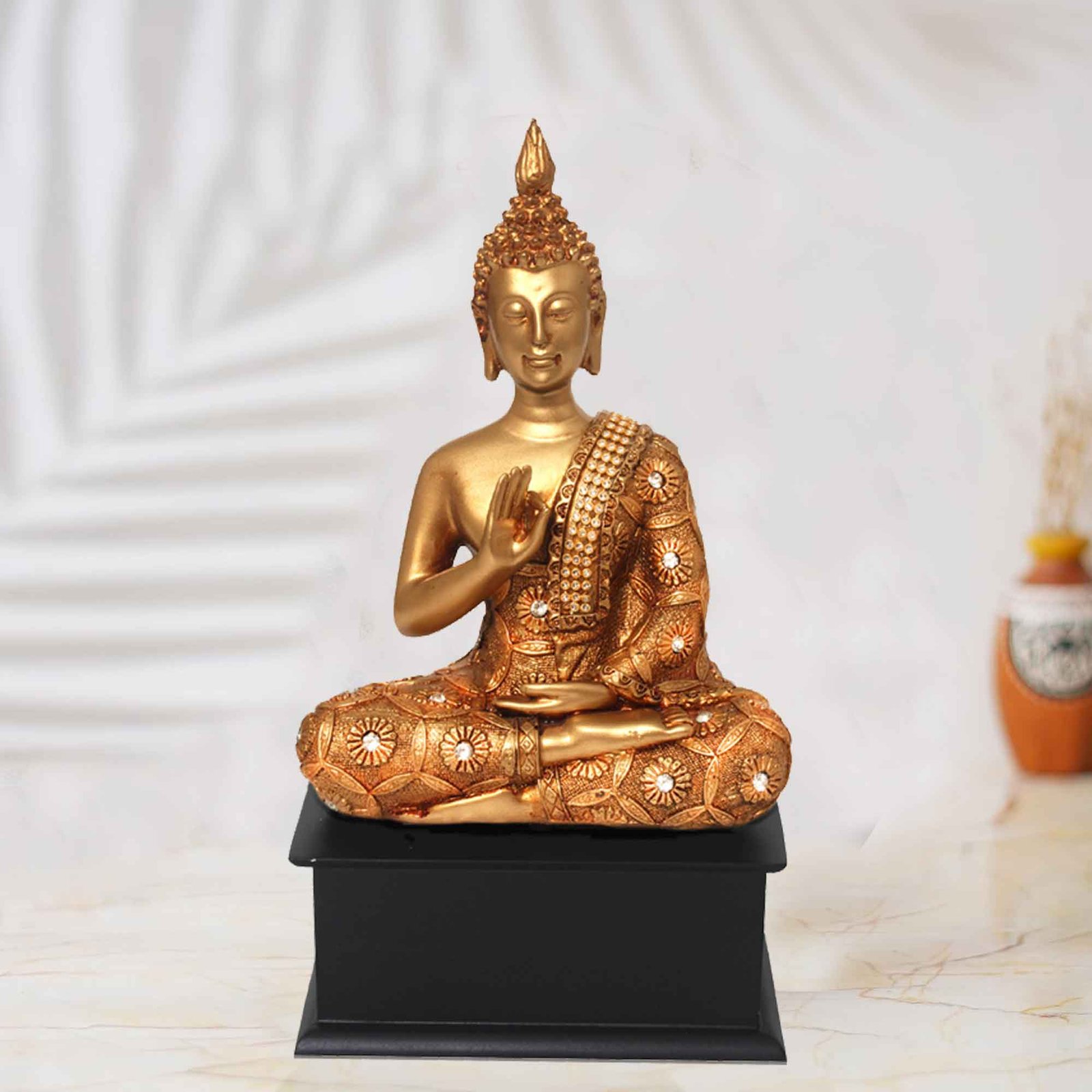 Meditating Lord Buddha showpiece for gift Jewellery Decorated with Wooden Base 28 cm G57GW1474GGNGZ