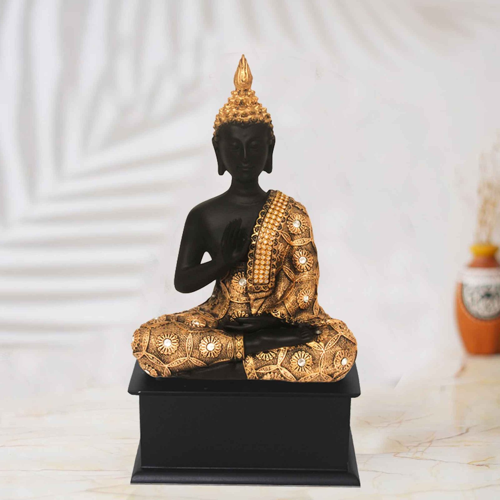 Meditating Lord Buddha idols for home decoration Jewellery Decorated with Wooden Base 28 cm G57GW1474KGNMZ