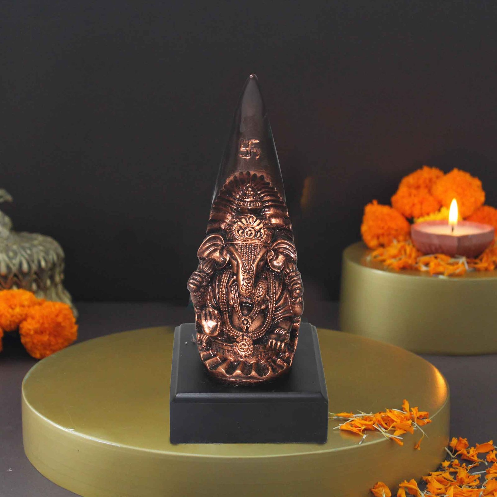 Lord Daant Ganesha showpiece for home Copper Antique Finish with Wooden Base 24 cm G57GW1498CCAGX