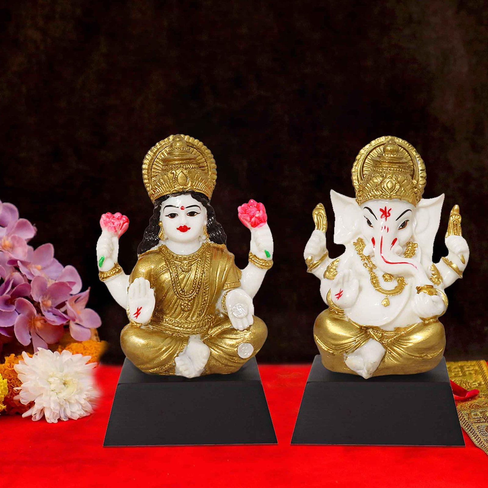 Lord Laxmi Ganesh fengshui items for home decor Gloss Finish with Wooden Base 13 cm G57GW1499WGLG2