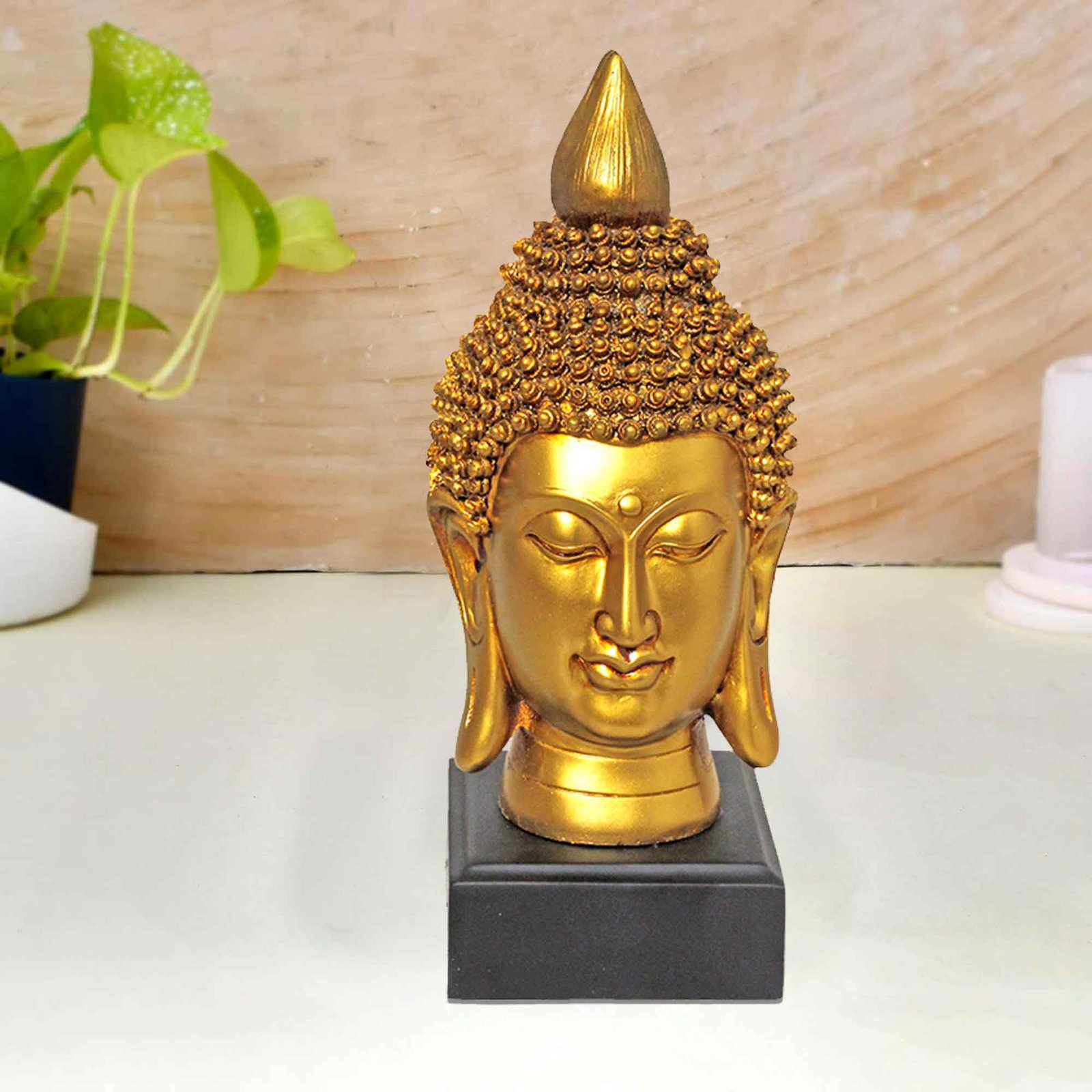 Lord Buddha Head murti for gift Gloss Finish with Wooden Base 23 cm G57GW1505GGNGX
