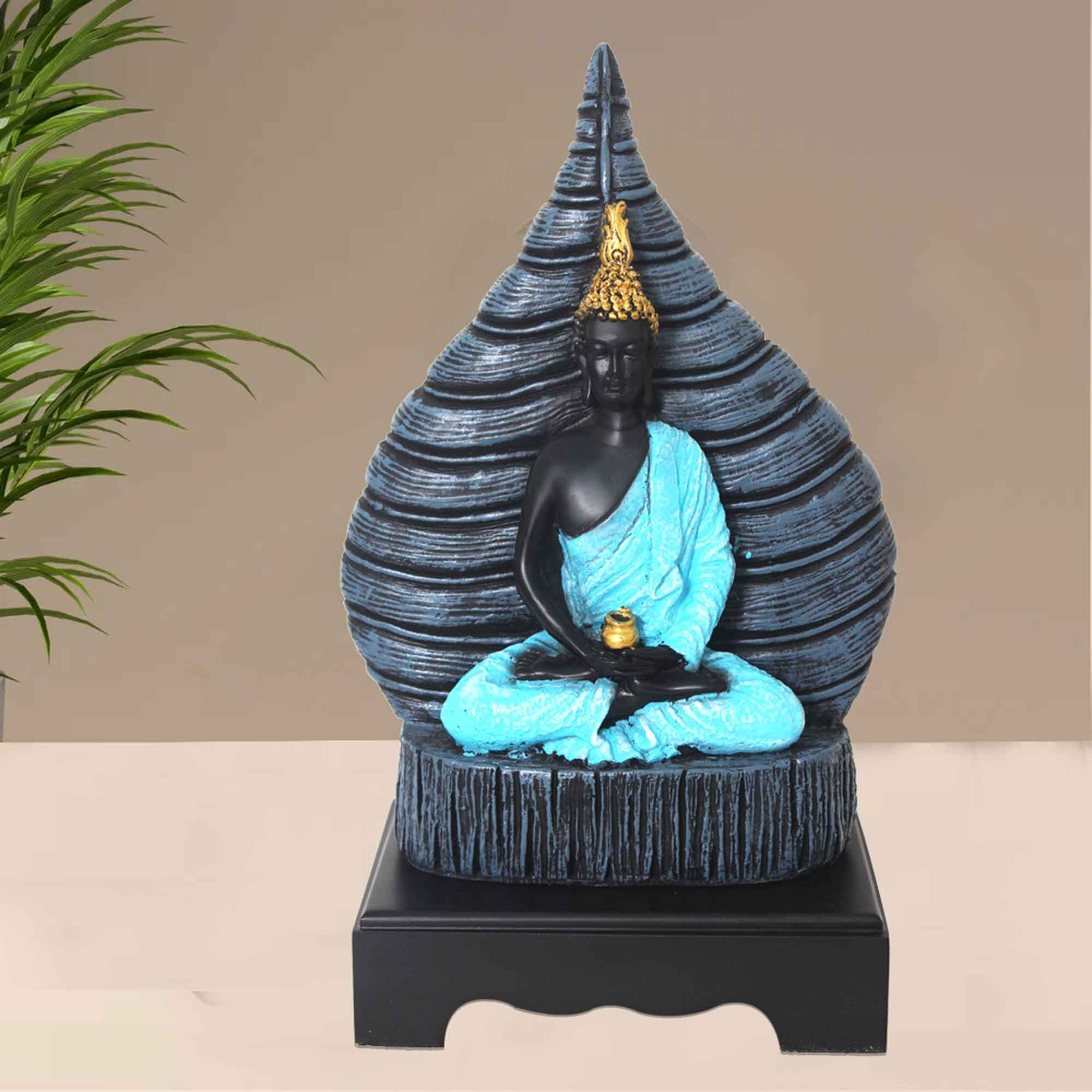 Handicraft Meditating Buddha sculpture for home decoration Multi Look with Wooden Base 36 cm G57GW1638QFMMX