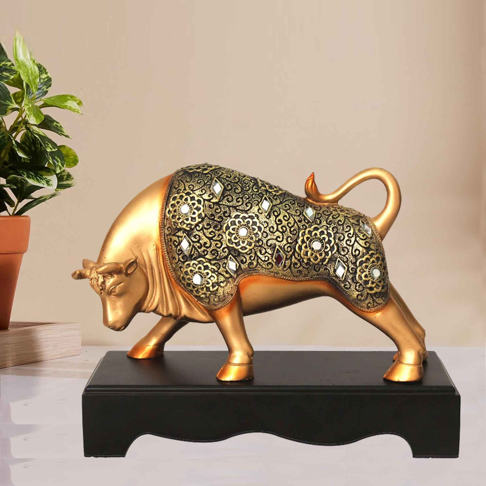 Wild Bull statue for decoration Jewellery Decorated with Wooden Base 20 cm G57GW1652GGNGZ