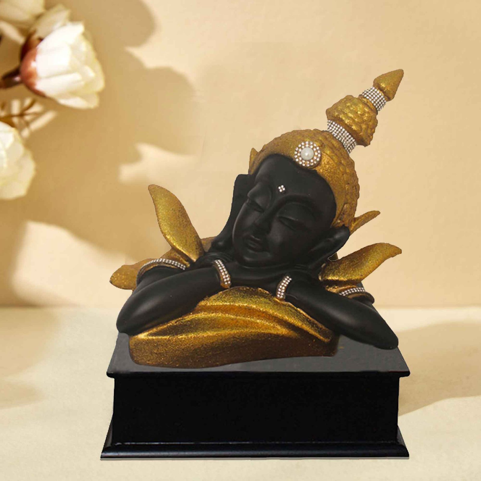 Resting Buddha gift items for marriage Jewellery Decorated with Wooden Base 27 cm G57GW1661KGGMZ