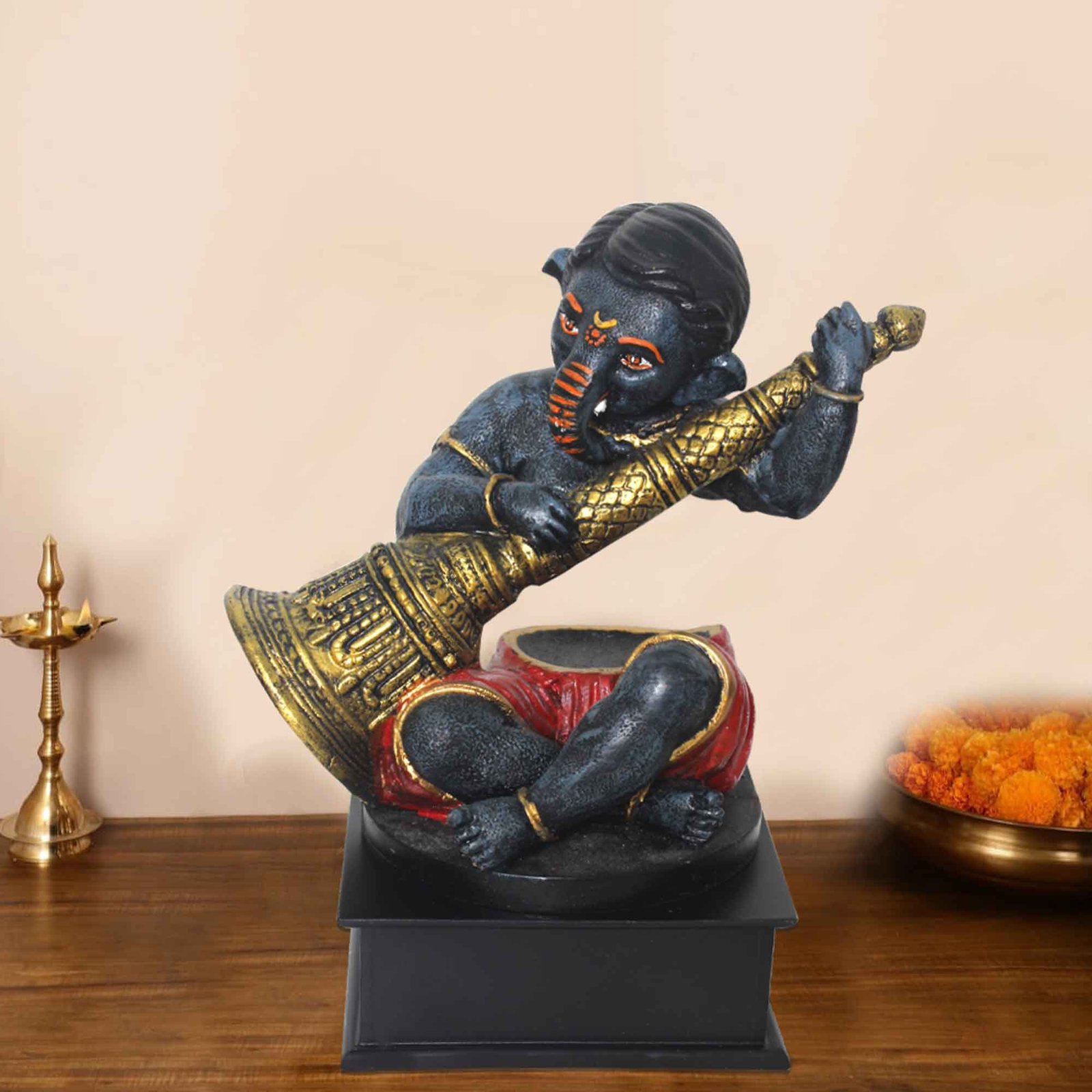 Ghanti Ganesha figures for decoration Antique Finish with Wooden Base 30 cm G57GW1667FGAMX