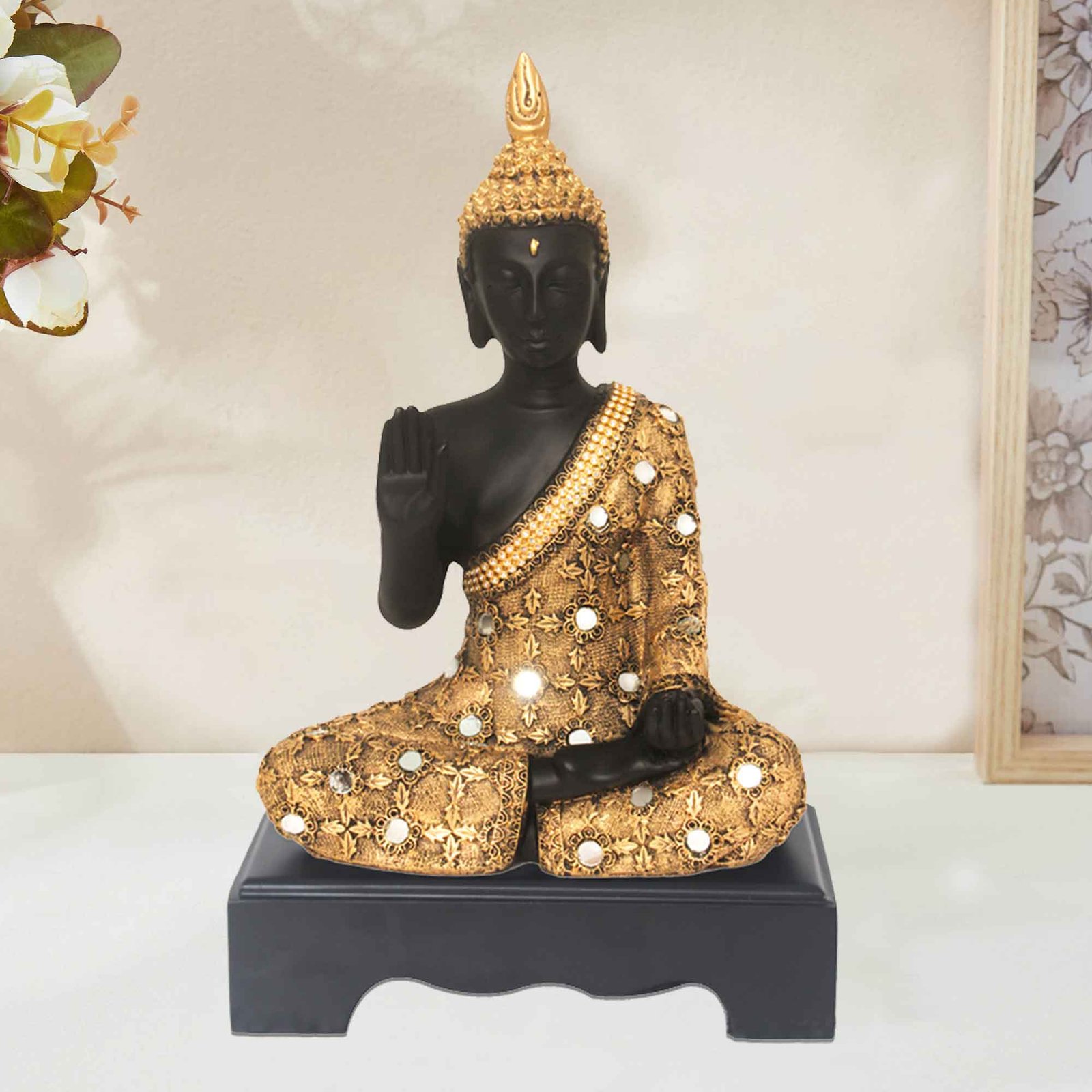 Aashirwad Buddha figures for home decor Jewellery Decorated with Wooden Base 32 cm G57GW1687KGNMZ