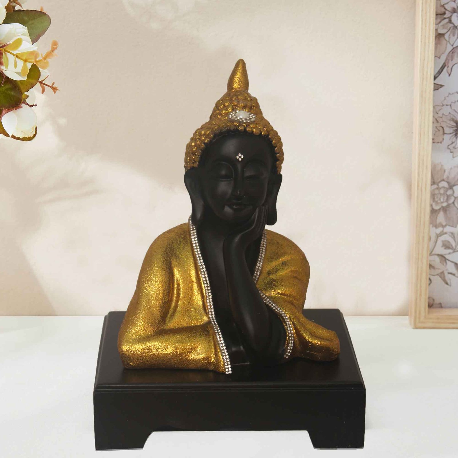 Resting Gautam Buddha artifacts for tv unit Jewellery Decorated with Wooden Base 25 cm G57GW1692KGGMZ