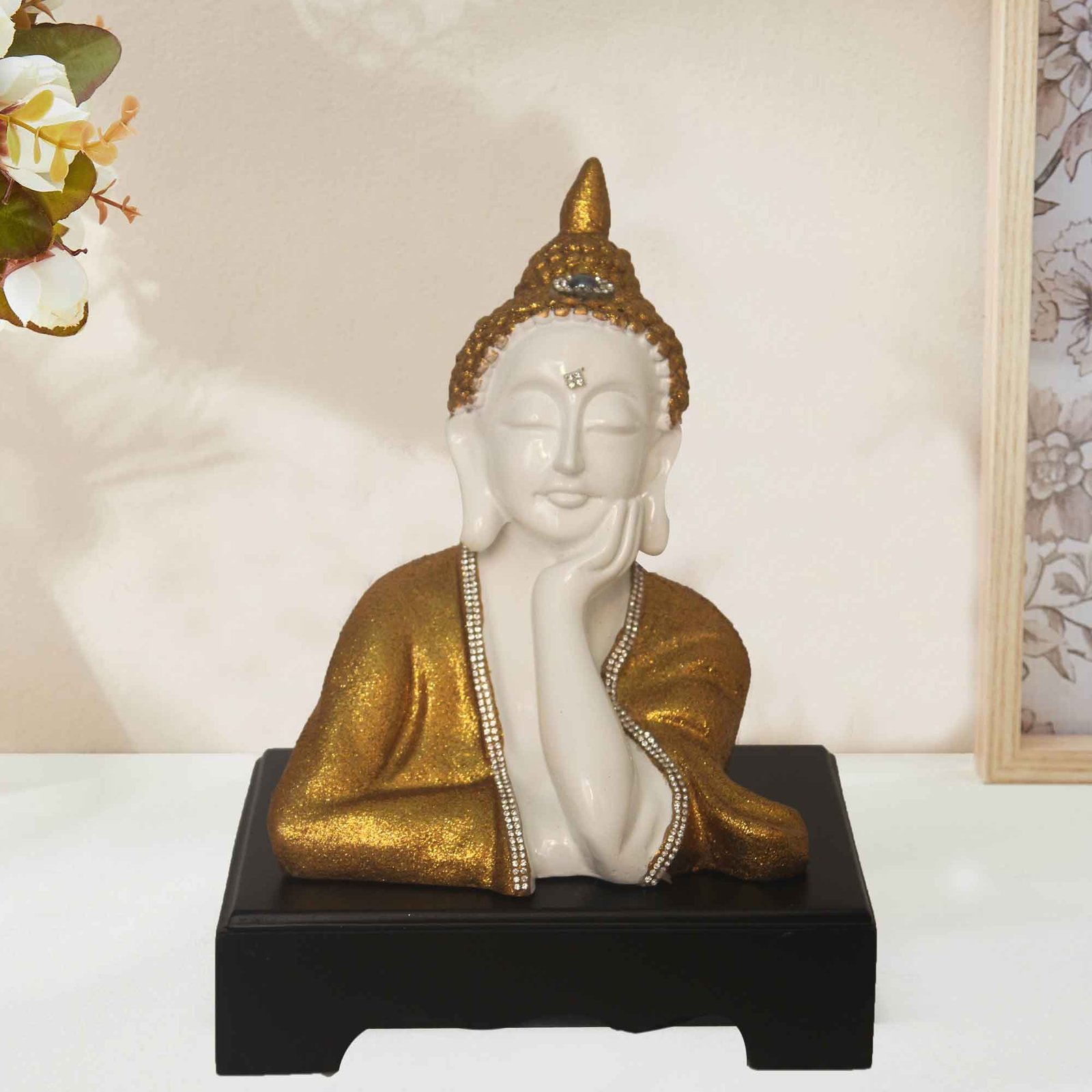 Resting Gautam Buddha artifacts for gifts Jewellery Decorated with Wooden Base 25 cm G57GW1692WGGGZ