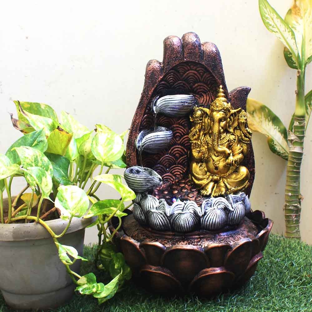 Lotus Diya Ganesha small water fountain With Led Light - Metalic Antique Finish 39 cm G57GX0023MGAMX