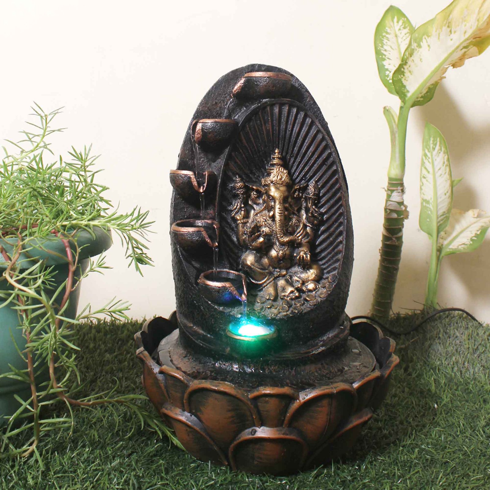 Lord Ganesha with Diya small water fountain indoor With Led Light - Metalic Antique Finish 39 cm G57GX0024AGAMX