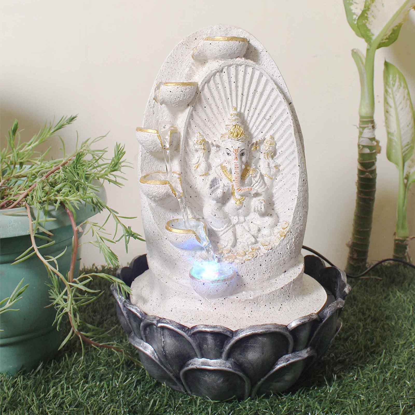 Lord Ganesha with Diya small water fountain for desk With Led Light - sandstone Finish 39 cm G57GX0024WGDMX