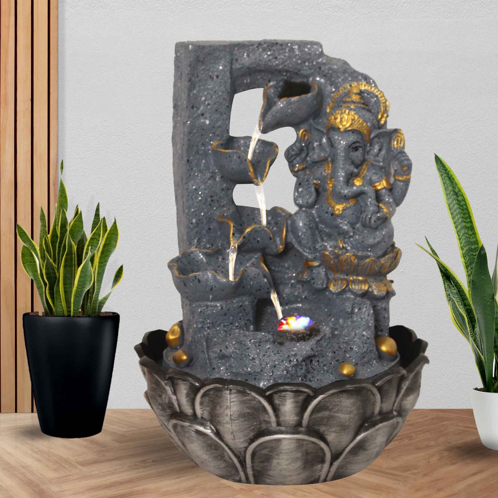 Polyresin Lord Ganesha water fountain small size table top With Led Light - sandstone Finish 39 cm G57GX0029FGDMX