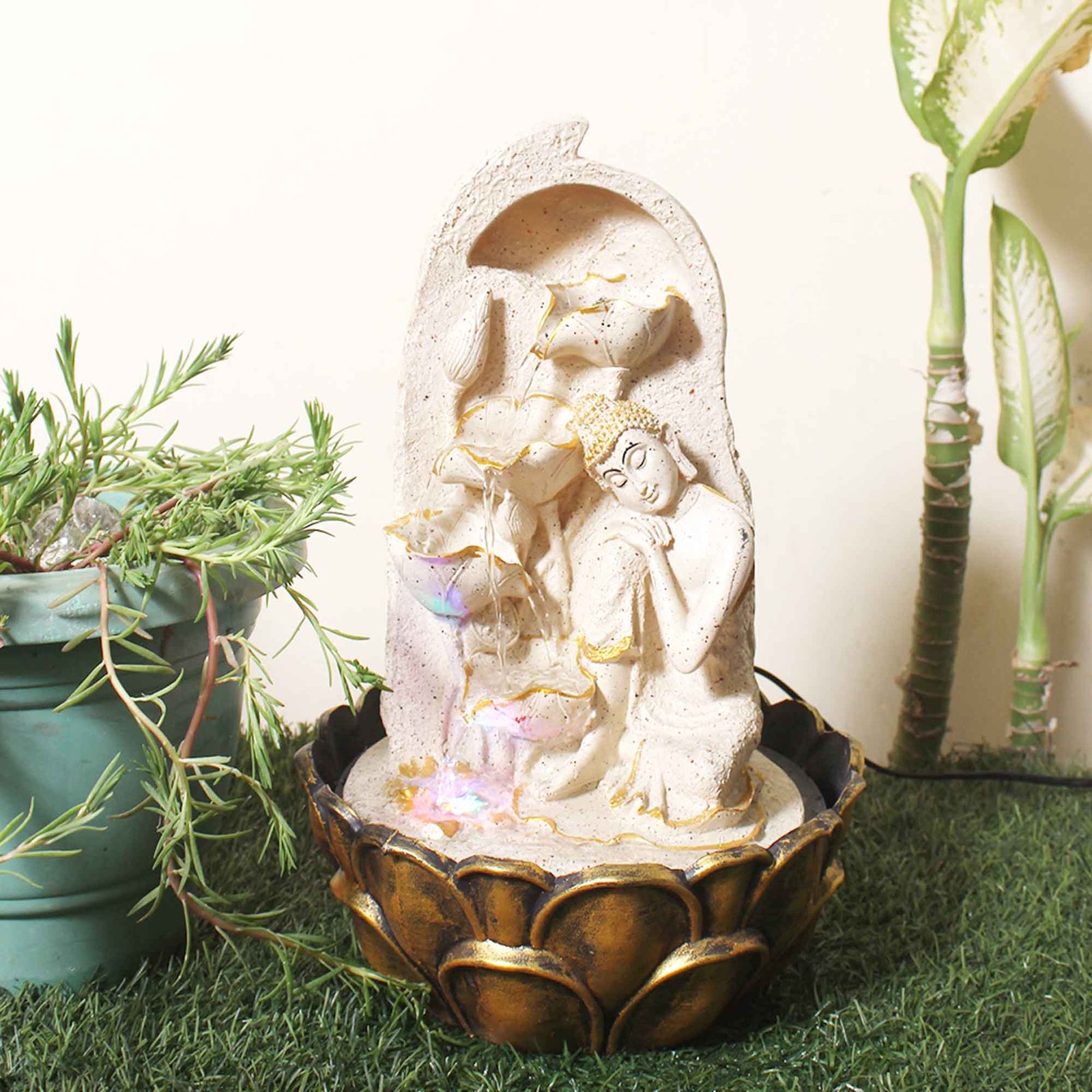 Polyresin Resting Buddha waterfall showpiece With Led Light - sandstone Finish 39 cm G57GX0030IGDMX