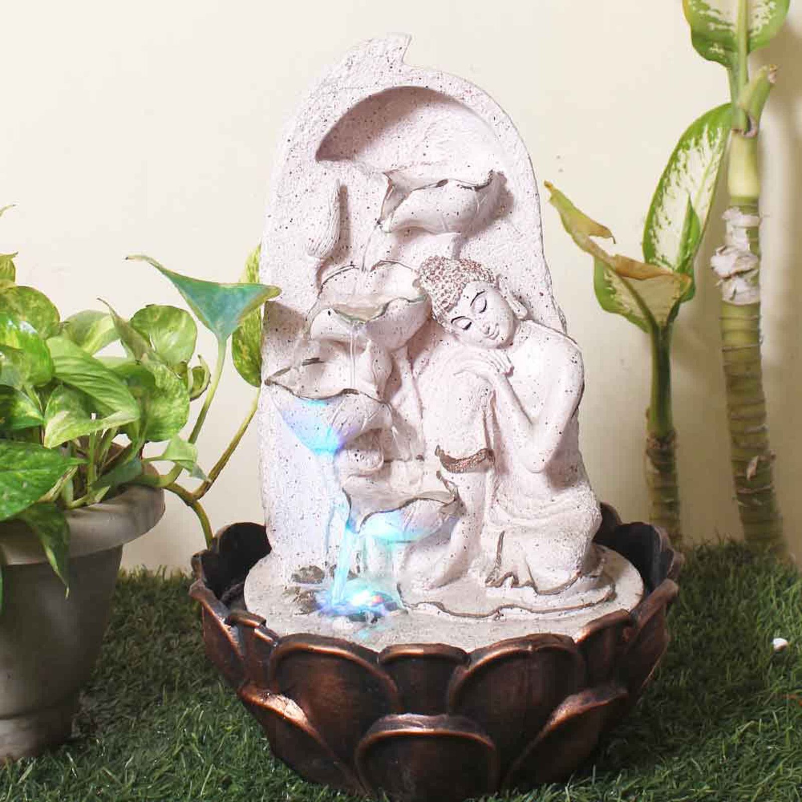 Polyresin Buddha waterfall indoor fountain With Led Light - sandstone Finish 39 cm G57GX0030PCDMX