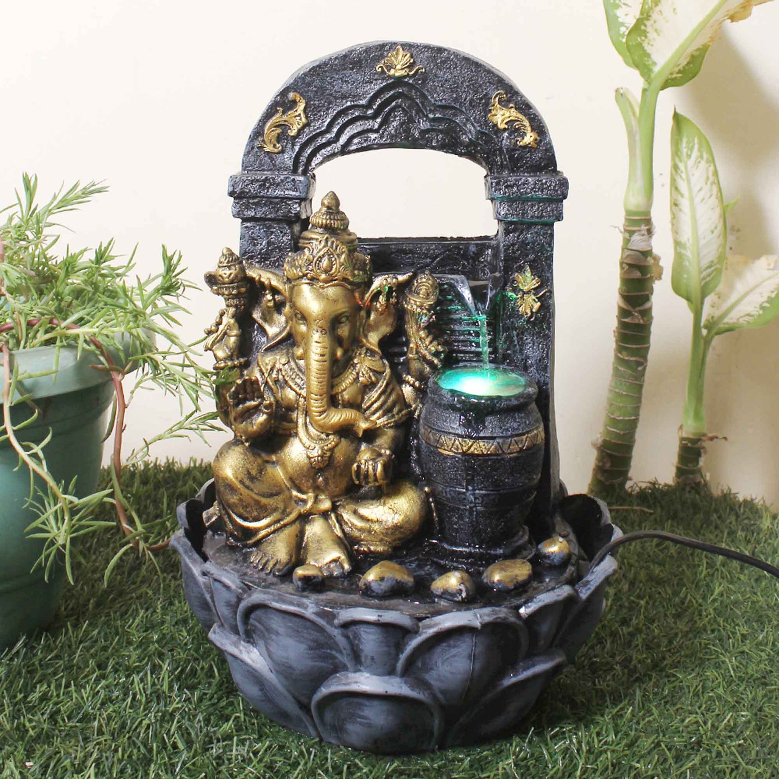 Blessing Ganesha with Shower desk top water fountain With Led Light - Metalic Antique Finish 41 cm G57GX0032FGAMX