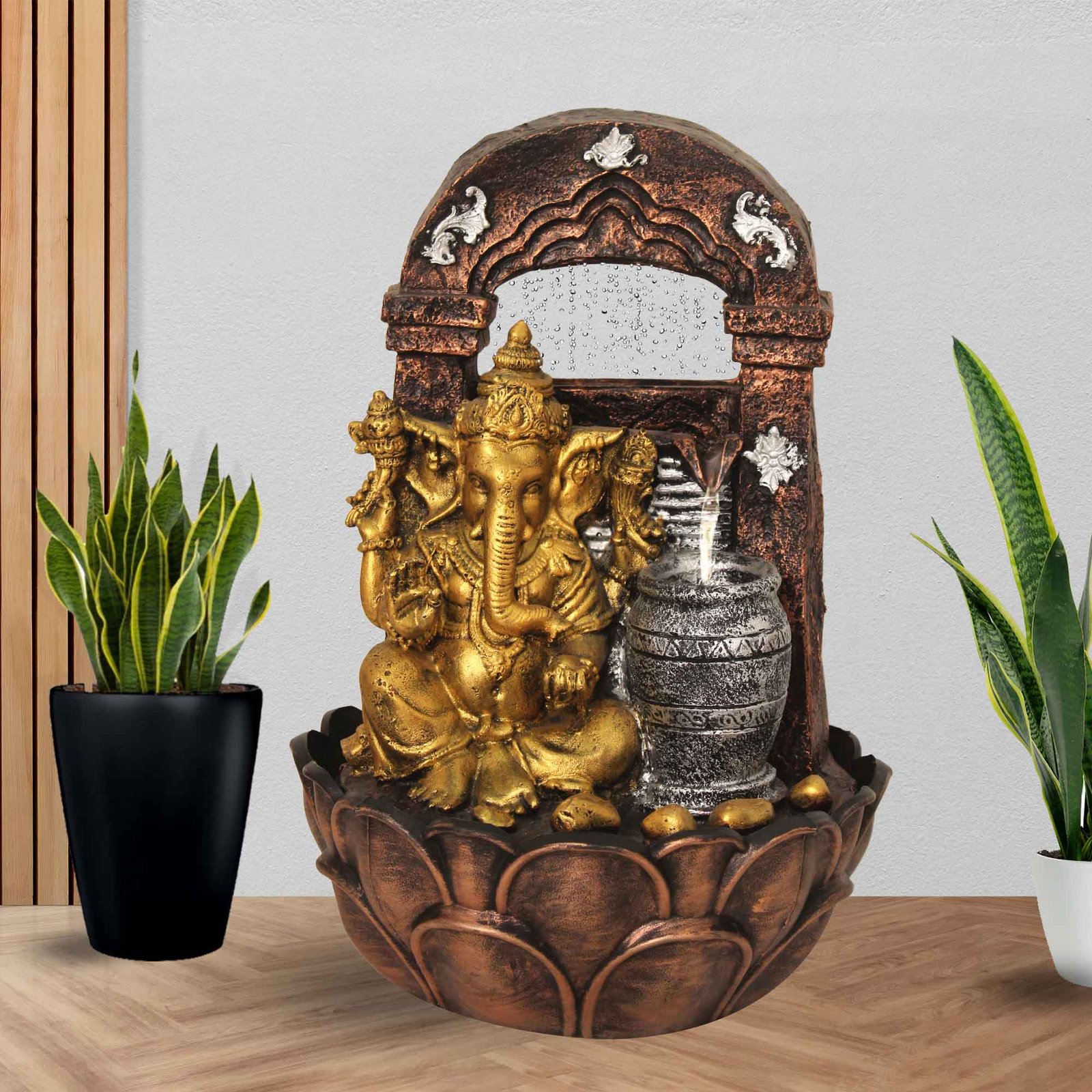Blessing Ganesha with Shower Waterfall desktop fountain Waterfall With Led Light - Metalic Antique Finish 41 cm G57GX0032MGAMX